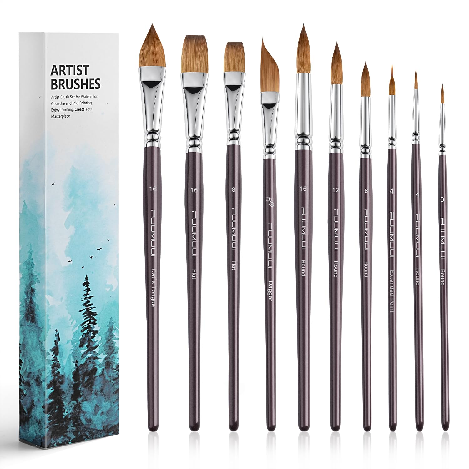 10Pcs Fuumuui Professional Sable Watercolour Brushes, Kolinsky Sable Brush Set Variety Shapes with Extended Needle Point, Flat, Round, Cat's Tongue Oval Wash for Watercolour Acrylic Gouache Inks