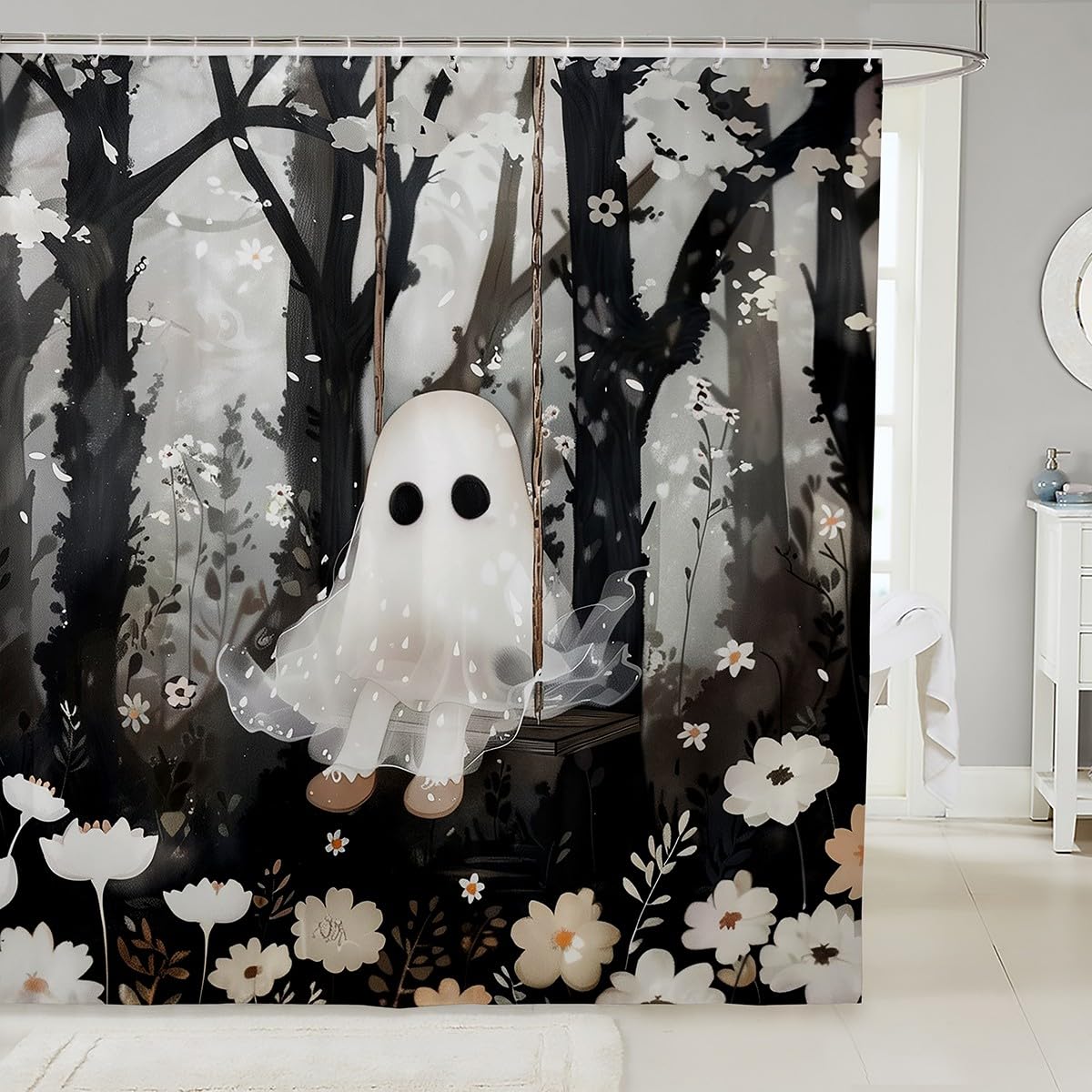 Manfei Cartoon Ghost & Watercolor Daisy Shower Curtain - 84" Long Fabric Bathroom Decor Set With Hooks - View #13