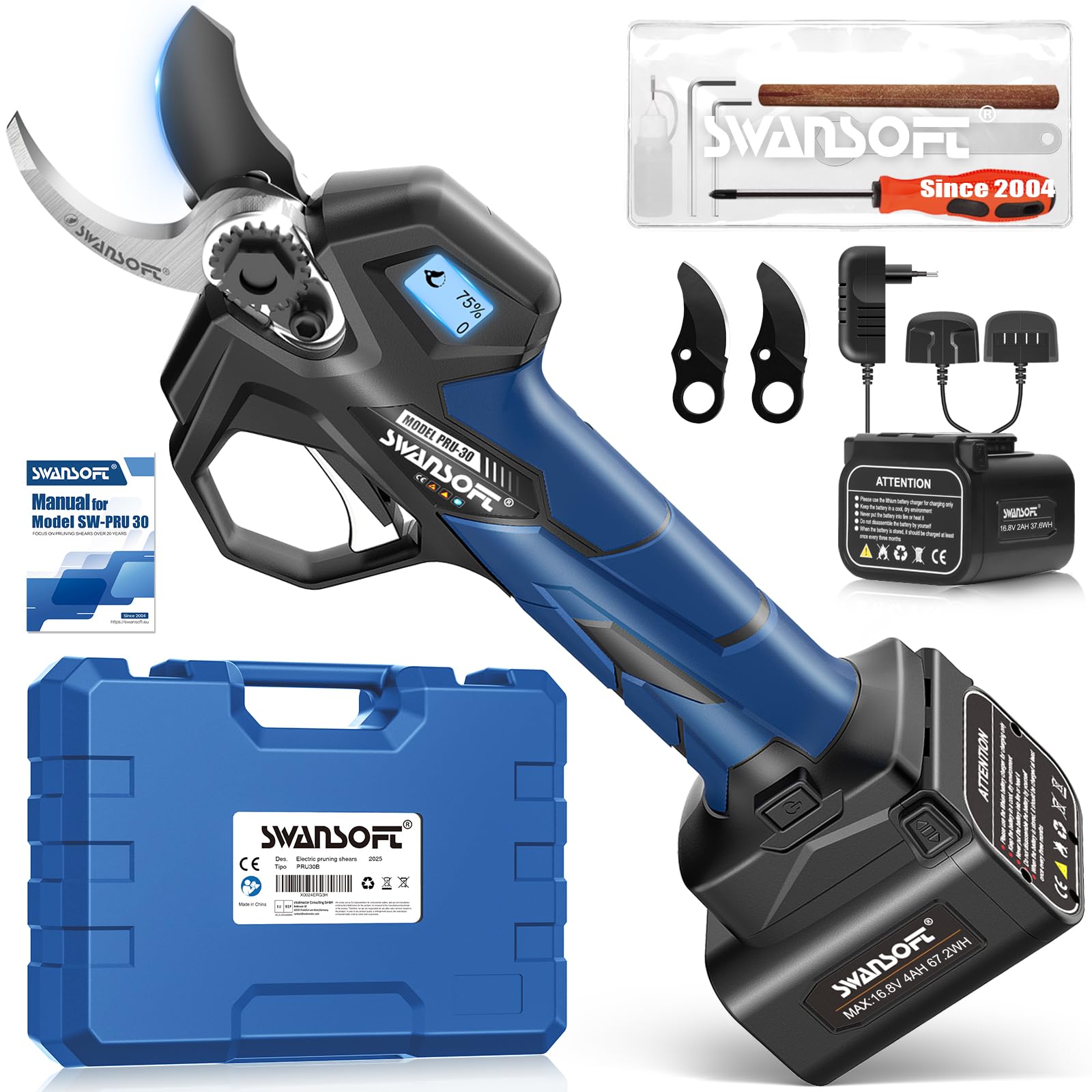 【2025 Podado Pro De Viñas】SWANSOFT PRU30 Tijeras de Podar Electricas, Profesionales 30mm 16,8V 850W 4+2Ah Tijera de Podar Podadora Electrica Bateria | Tijera Podar Electrica, Azul