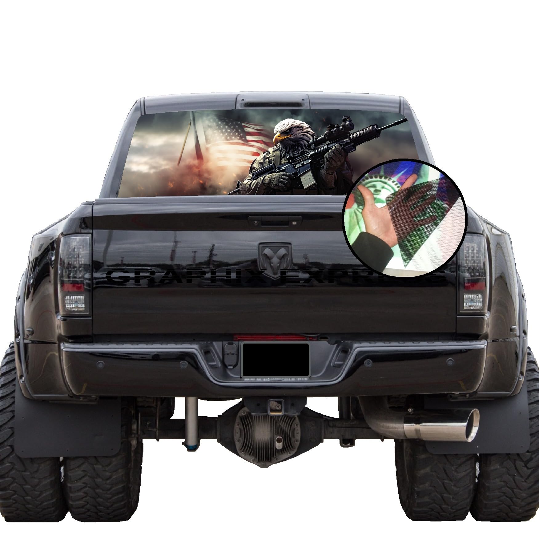 GRAPHIX EXPRESS Truck Back Window Graphics (P548 American Flag Eagle) Universal See Through Rear Window Vinyl Wrap - Full Window Decals for Trucks - Truck Window Decals