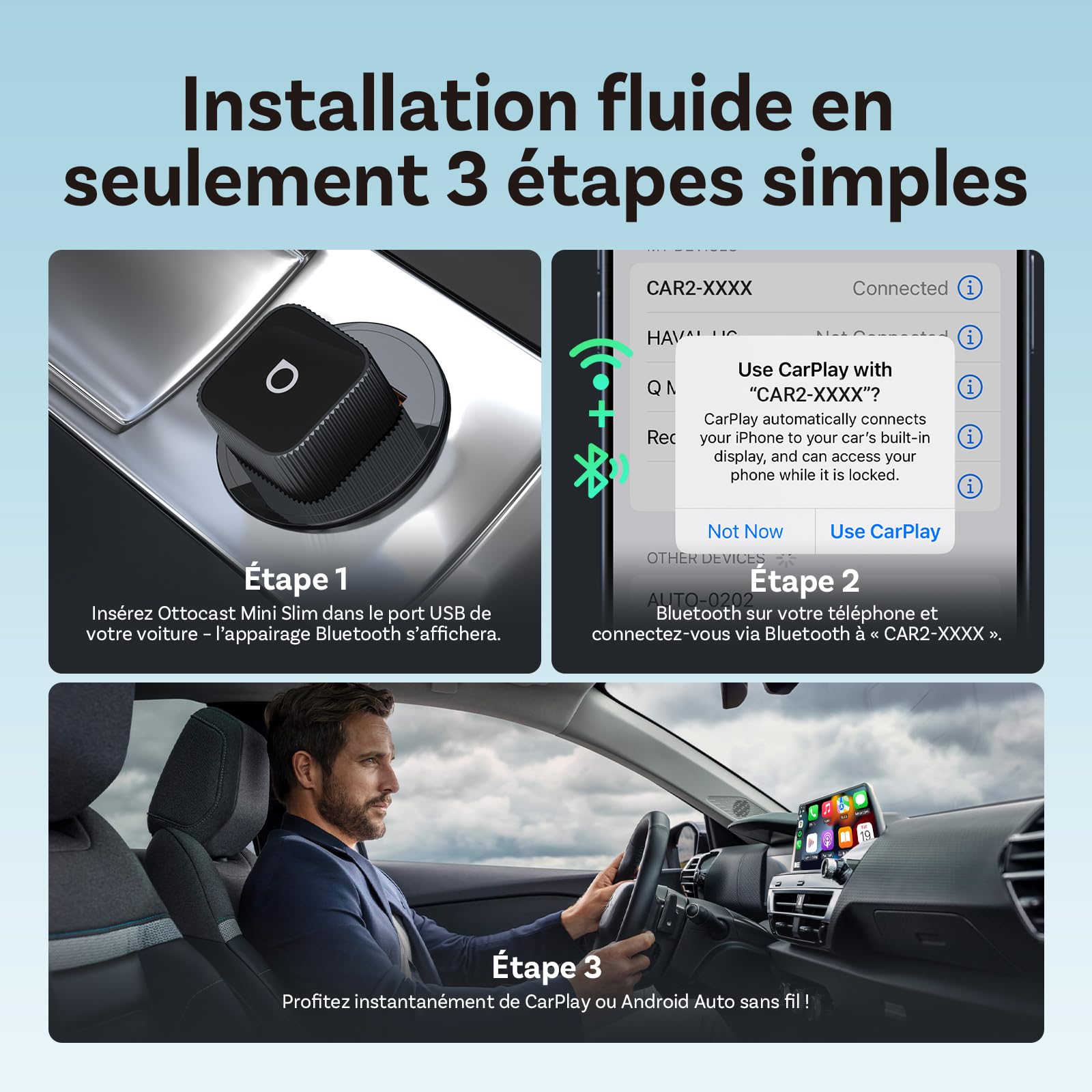 OTTOCAST Mini Slim 2026 Amélioré, 2-en-1 Adaptateur Wireless CarPlay & Android Auto avec Type-A/C pour iOS 10+ & Android 11+, Support Multi-Utilisateur, Plug & Play convertit Filaire en sans Fil