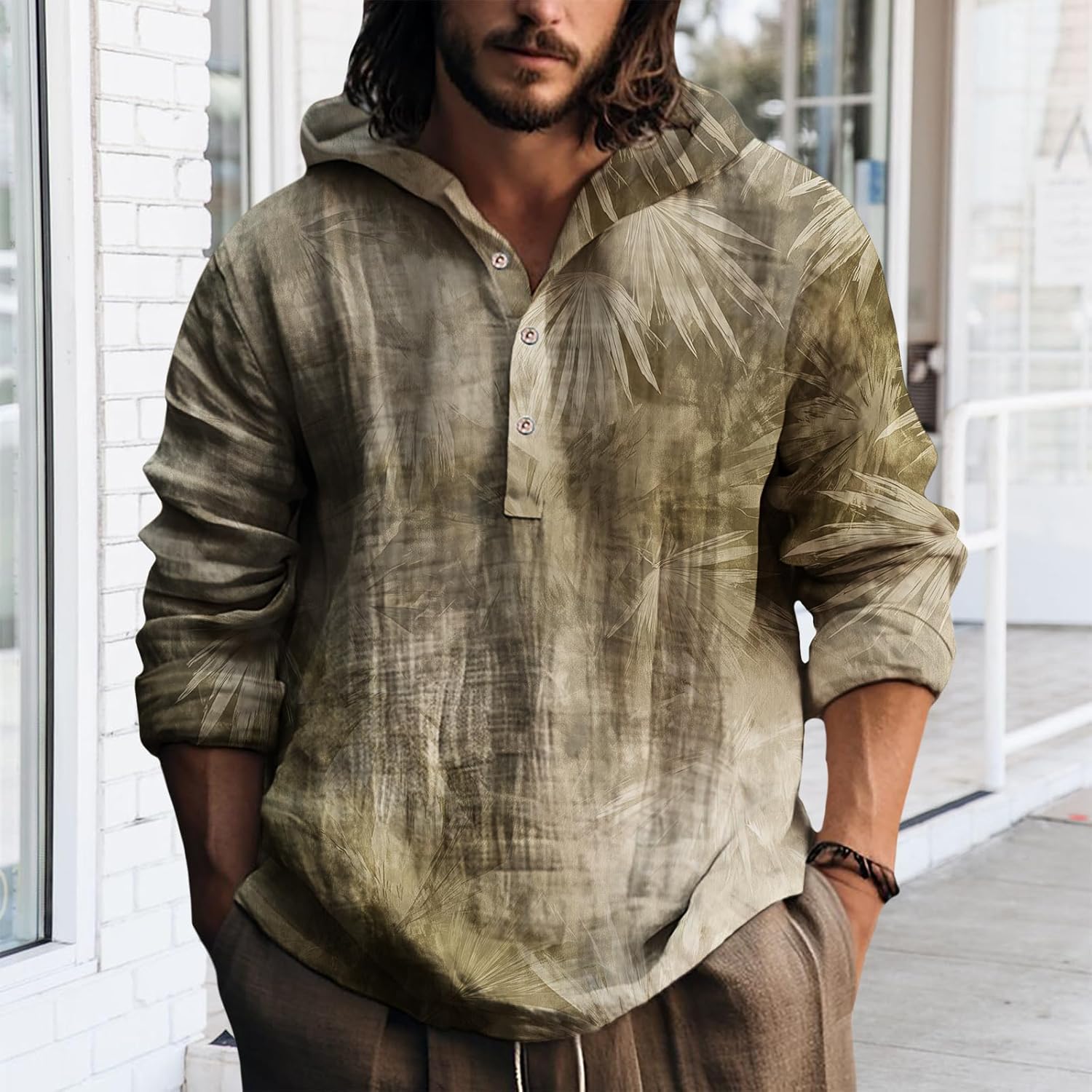 Mens Hooded Tie Dye Button Up Shirt Long Sleeve Casual Pullover Top Relaxed Fit Beach Vacation Streetwear - Image 3