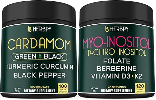 Paquete de cápsulas de cardamomo 4 en 1, 100 unidades y suplemento de mio-inositol 6 en 1 y D-Chiro inositol para mujeres, 120 unidades, apoya la