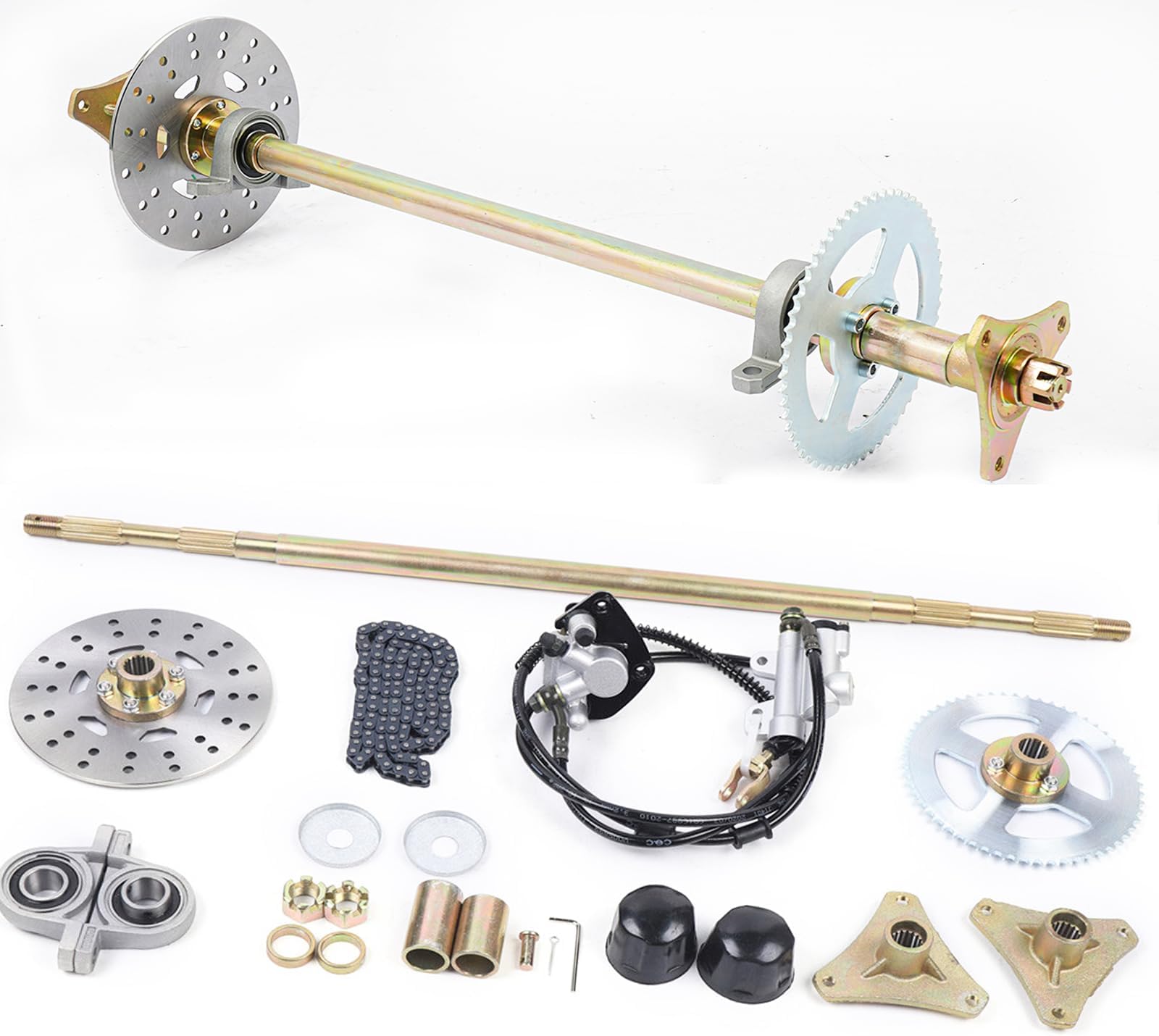 29.13'' Rear Live Axle Complete Kit, Kart Rear Conversion Complete Kit with Sprockets + Pillow Block + Brake Disks + T8F Chain for Karts Golf Carts ATVs Buggies 4x4s