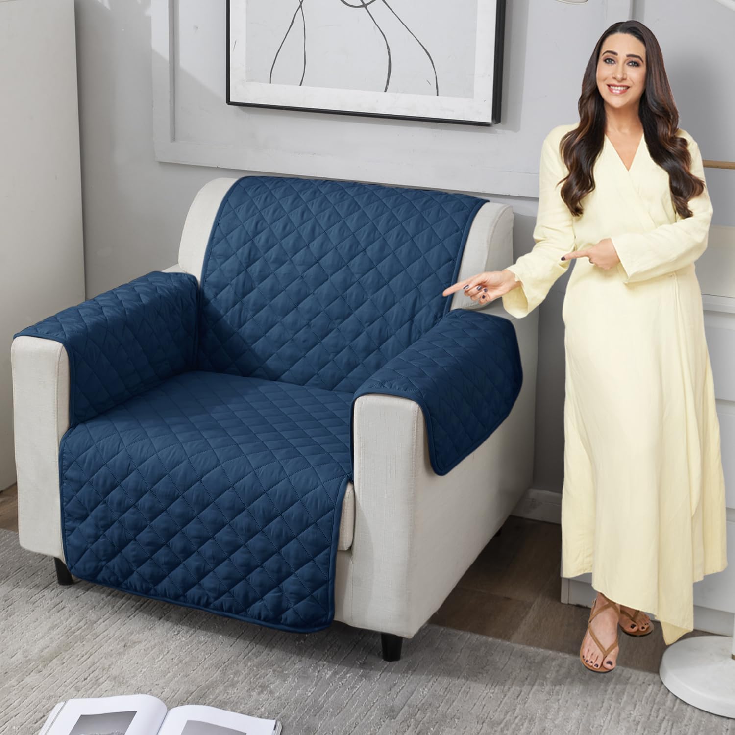 HOKIPO 'UrbanQuilt' 1 Seater Quilted Polyester Sofa Cover Mat, 60x184 cm, Navy Blue (AR-4663-M4)-image-1