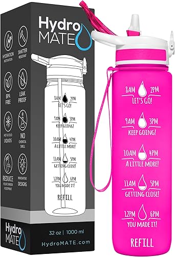 Miniatura 26 de HydroMATE - Botella de agua de 32 oz con popote y marcas motivacionales de horarios, reutilizable, a prueba de fugas, sin BPA, horas marcadas para
