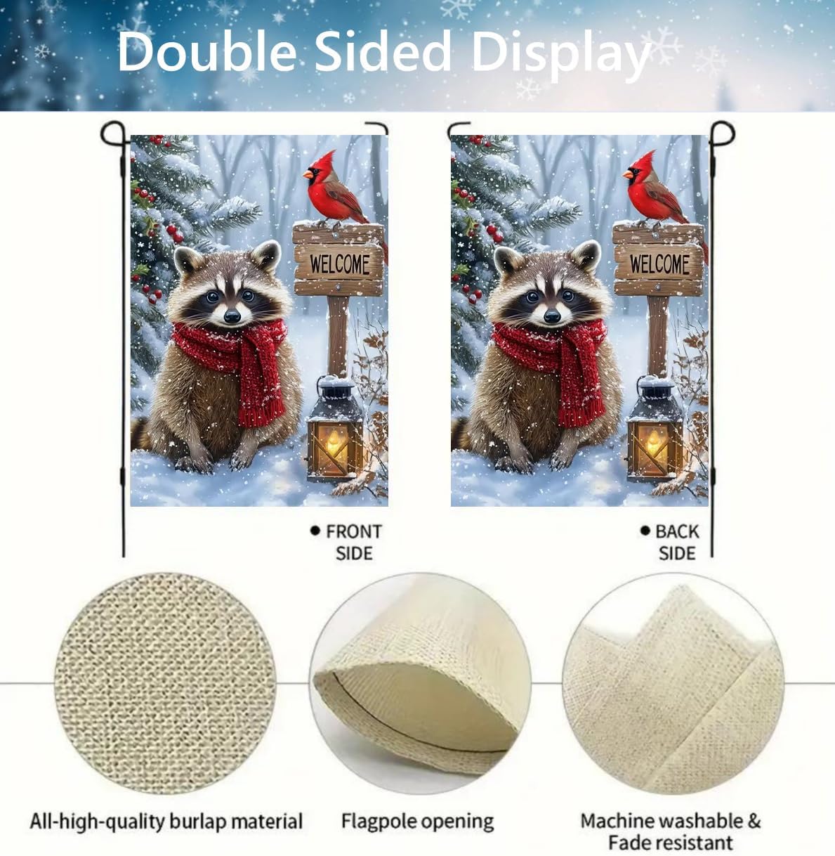 Welcome Winter Garden Flag 12x18 Inch Double Sided, Burlap Holiday Farmhouse Outdoor Raccoon Christmas Garden Flag Winter Decorations, Small Decorative Yard Lawn Flags for Outside - Image 5