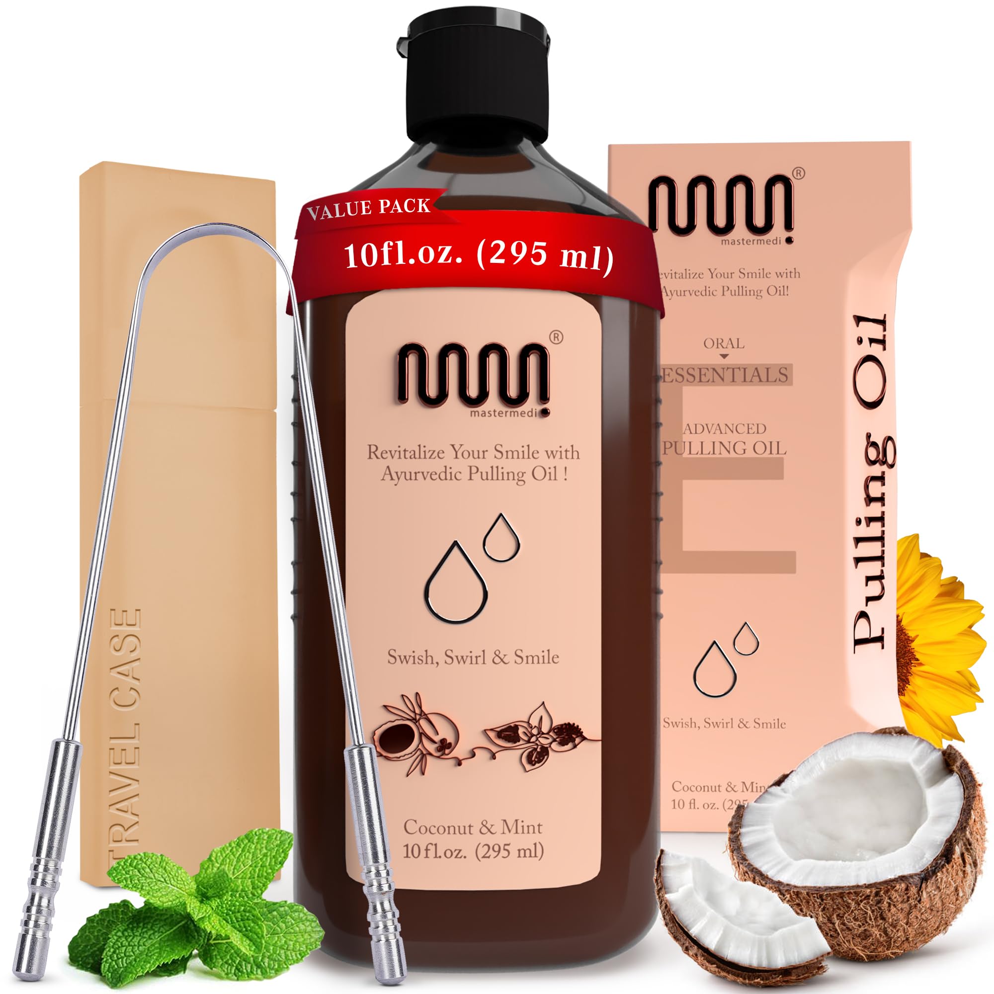 MasterMedi Coconut and Peppermint Oil Pulling (10 Fl.Oz), Mouthwash with Tongue Scraper, Alcohol Free Natural Coconut Oil Pulling for Teeth Whitening,