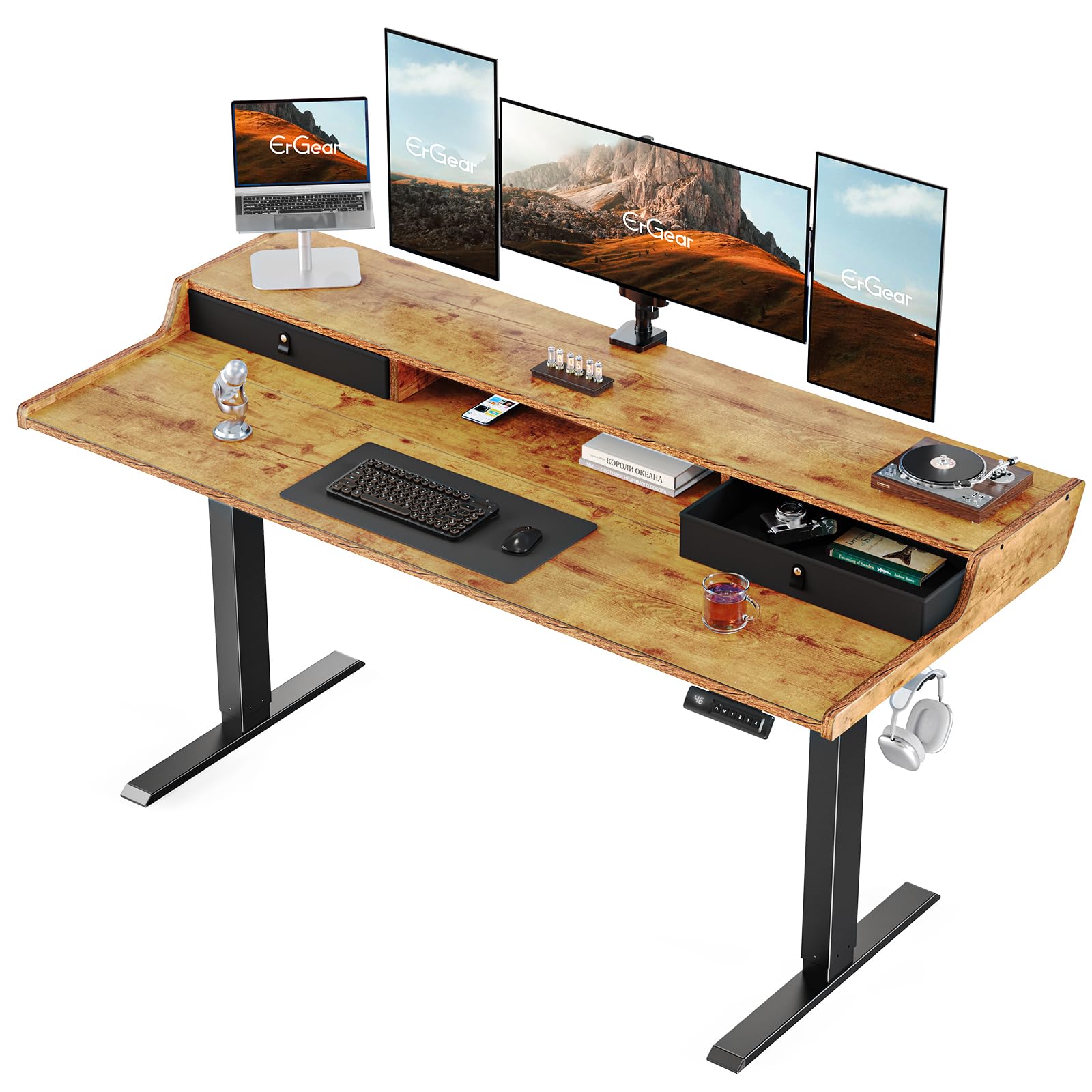 ErGear Electric Standing Desk with Drawers, 55″x28″ Gaming Desk with Monitor Stand, C-Clamp Mount Compatible, 4 Preset Height Adjustable Desk with Storage Shelf, Vintage Brown