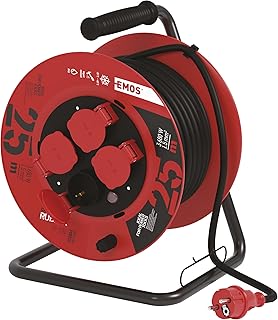 EMOS - Kabeltrommel 25m - 4 Schuko-Steckdosen - wasserdicht, schlagfest, hitze- & kältebeständig - 230V, 16A, 3680W - Gummi-Isolierung - H05RR-F3G 1,5 mm2 - IP44 für Außenbereich