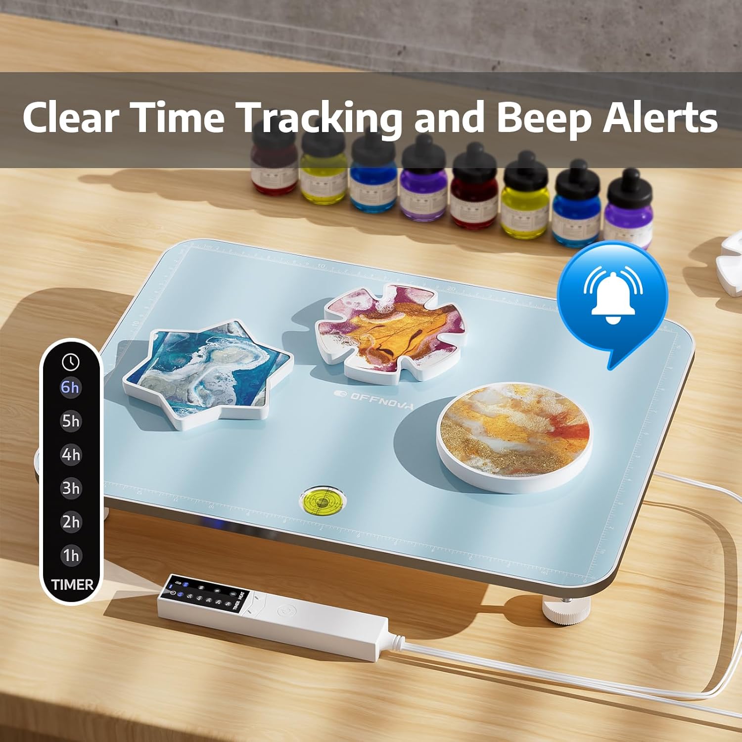 OFFNOVA heating mat with remote control showing timer settings and a bell icon indicating alerts.