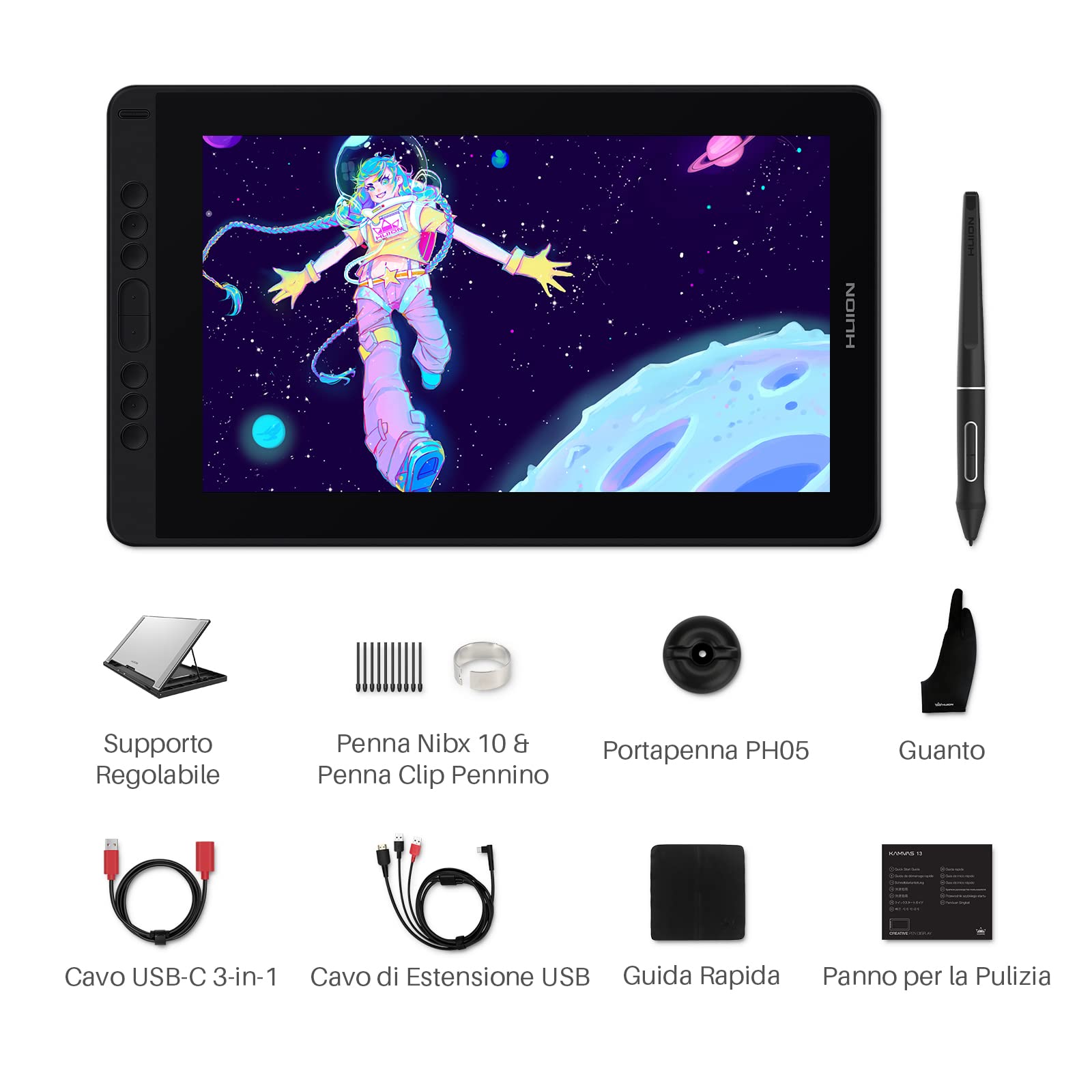 HUION Nuova Kamvas 13 Tavoletta Grafica con Schermo, Monitor per Disegni Grafici con Schermo Completamente Laminato, Nuova Penna PW517, Cavo di Type-C Supporto Dispositivo (Viola) | Display completamente laminato da 13,3", 120% sRGB. PW517 - Penna a 8 tas
