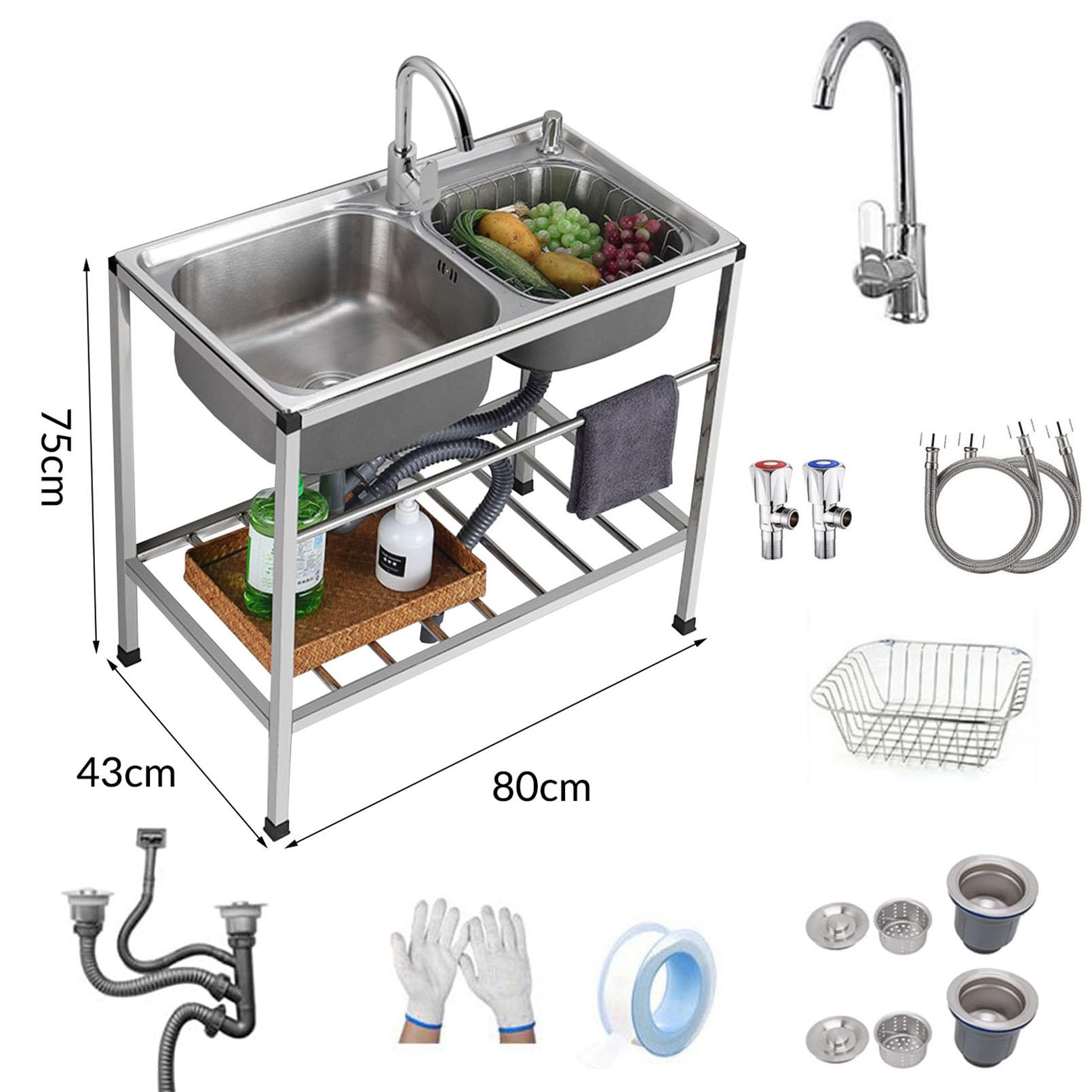 Lavello da Cucina Professionale, lavello a Doppia Vasca in Acciaio Inox autoportante con Staffa e Rubinetto per Acqua Calda e Fredda, Ideale per Bar, ristoranti e spazi Esterni.