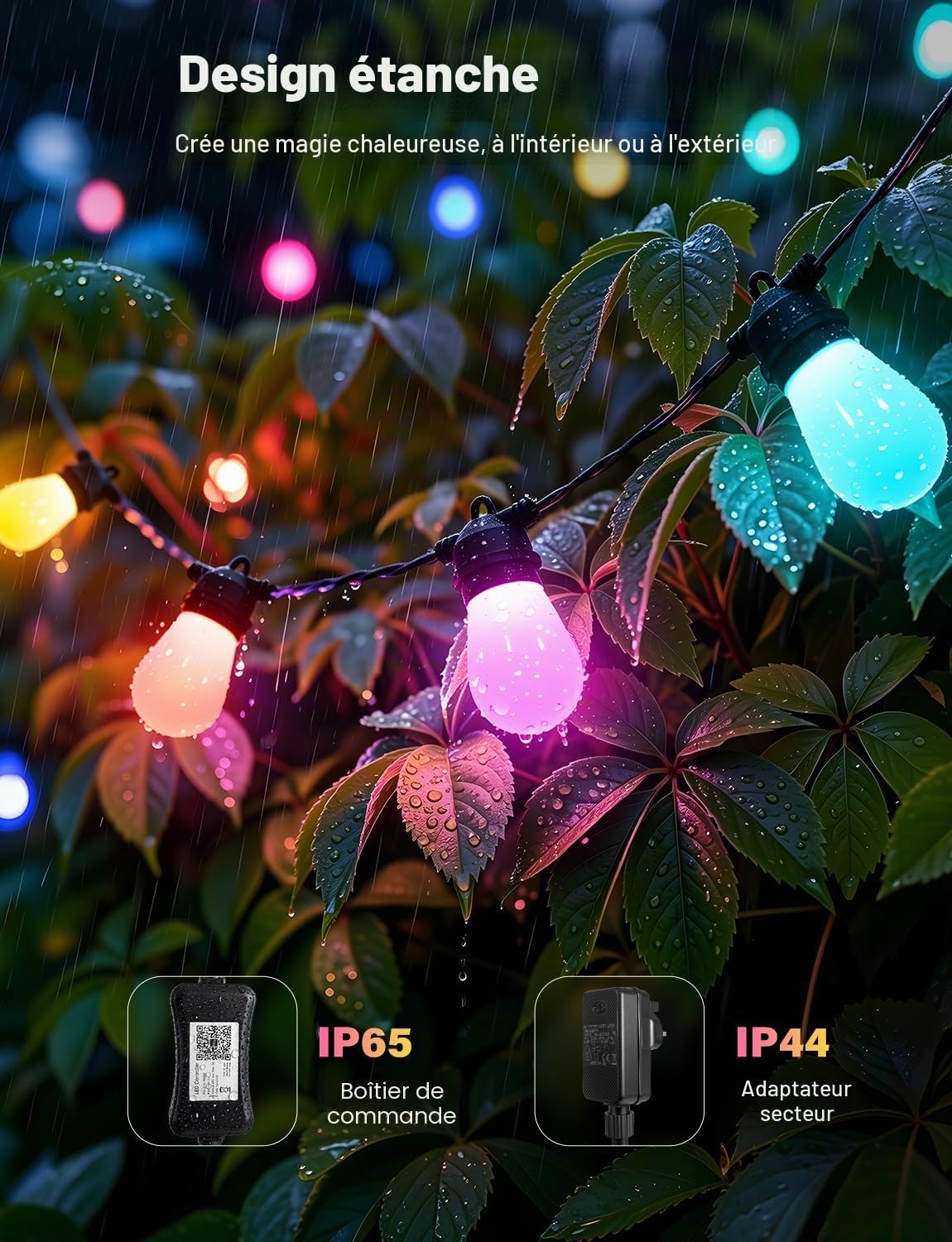 Ollny Guirlande Guinguette Extérieure 15 m, S14 RGBW, Connectée, IP65 | Contrôle application, compatible avec Alexa et Google Assistant, dimmable, plus de 90 mode, pour jardin et décoration de Noël