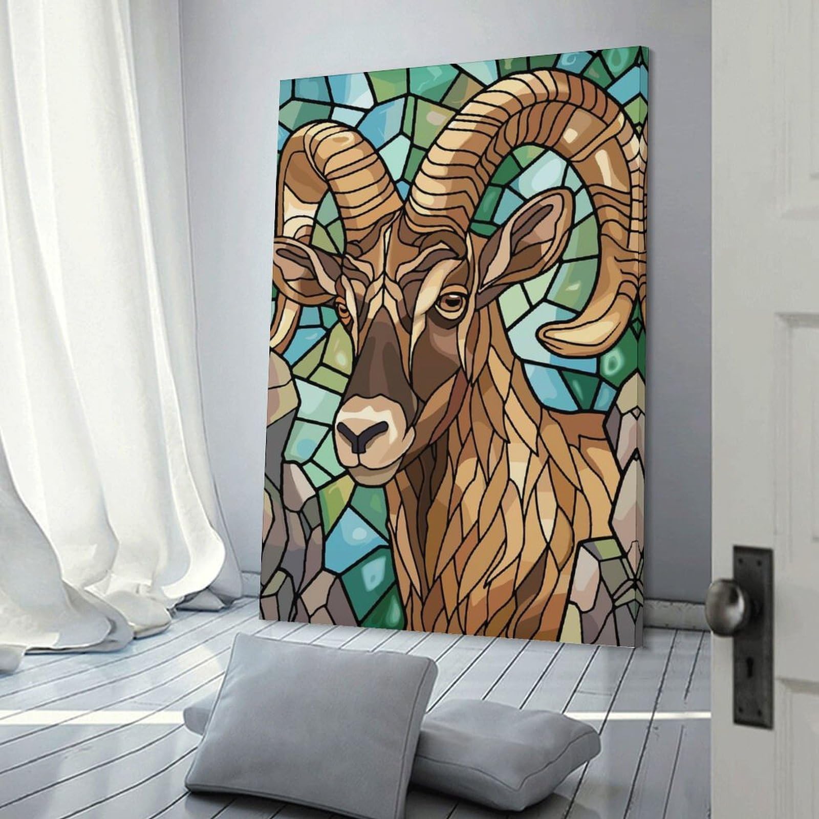 Junmoney Wall Picture Print Stained Glass Bighorn Sheep Portrait, 24x36inch(60x90cm), for Wall Displays, Bedrooms Or Room Updates, Wall Decor Suited to Curated Displays