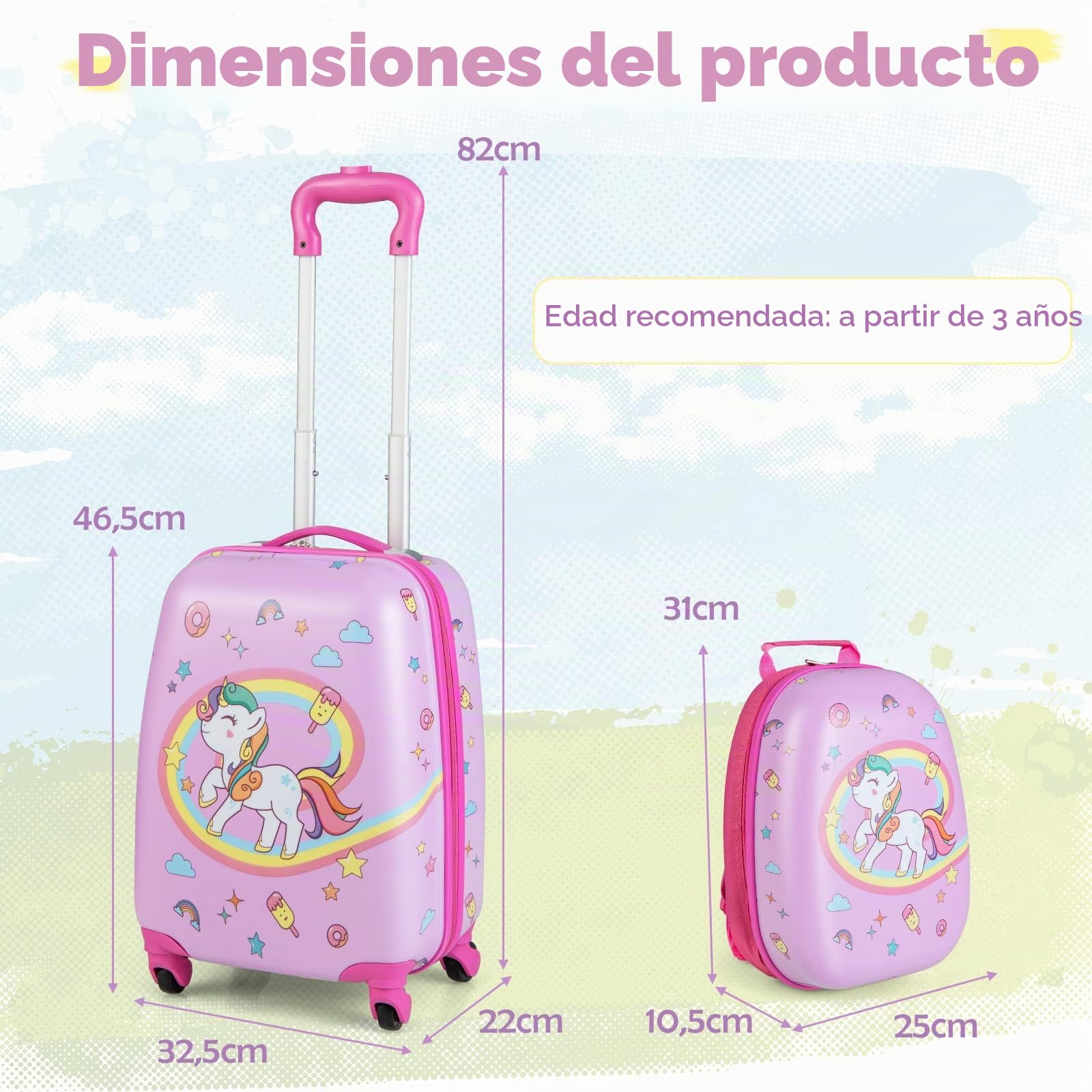GOPLUS Maleta Infantil, Equipaje de Viaje con Mochila, Equipaje Infantil, Juego de Mochila y Maleta, Gran Capacidad y Ruedas, 16 '' Maleta + 12 '' Mochila