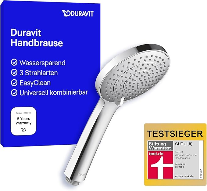 Duravit Universal Duschkopf, Duschbrause mit 3 Strahlarten (Rain, Intense , Soft ), Handbrause rund (Ø 110 mm), Brausekopf mit wassersparender MinusFlow-Funktion, reinigungsfreundlich, Chrom Duravit Universal Duschkopf, Duschbrause mit 3 Strahlarten (Rain, Intense , Soft ), Handbrause rund (Ø 110 mm), Brausekopf mit wassersparender MinusFlow-Funktion, reinigungsfreundlich, Chrom