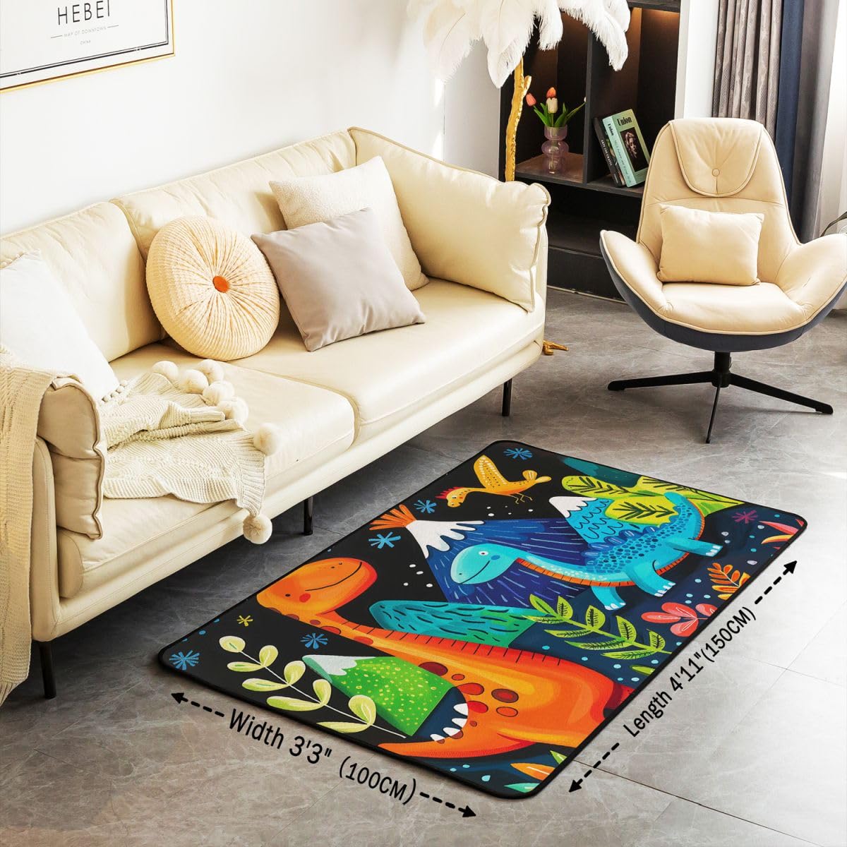 Tapis Salon 150x200cm Dinosaures Tapis D Intérieur Prehistoric Antidérapant Doux Lavable Mignon Dessin Animé Dino pour Salon Chambre Animaux Sauvages Salle À Manger Cuisine Vert Plantes