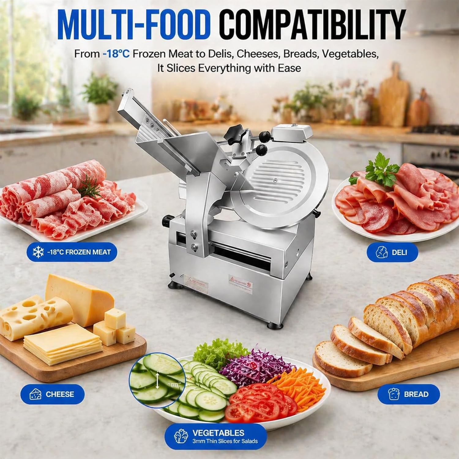 550W Commercial Meat Slicer, Automatic Meat Slicer with 12-Inch Blade, 0-15mm Adjustable Thickness Electric Meat Slicer with Emergency Stop Button for Hotel Catering and Butcher Shop Prep Station