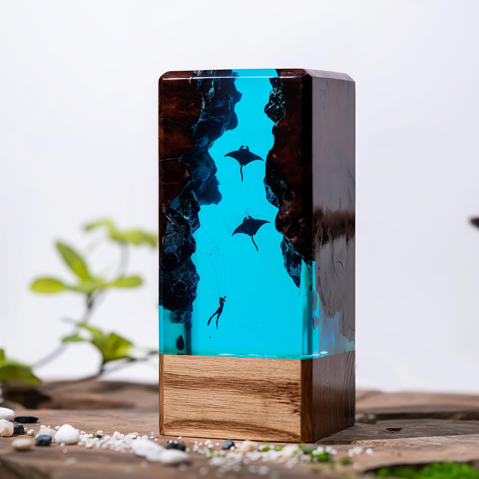 Drawelry Ocean Epoxy Resin Lamp with LED, Handmade Shark Diver Night Light, Deep Sea Decoration for Office, Home, Ornaments for Men, Women, Diving Lovers (Ocean Diving B) — image 1