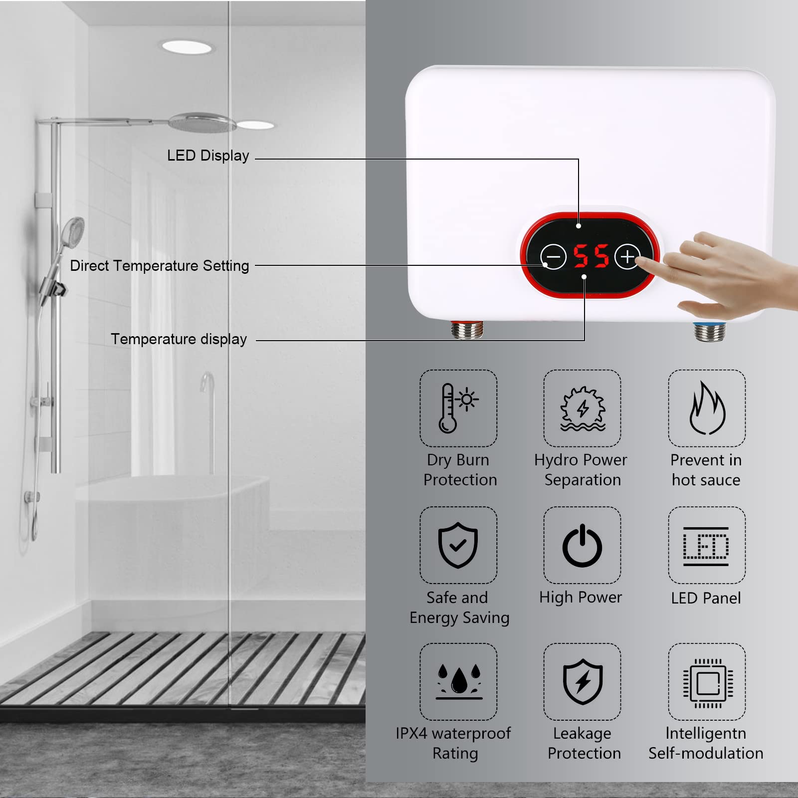 Scaldabagno Elettrico Istantaneo, Mini Scaldabagno Istantaneo da 5500 W con Soffione Doccia e Display a LED, Scalda Acqua Istantaneo a Riscaldamento Rapido Impermeabile 220 V IPX4 per Cucina Bagno