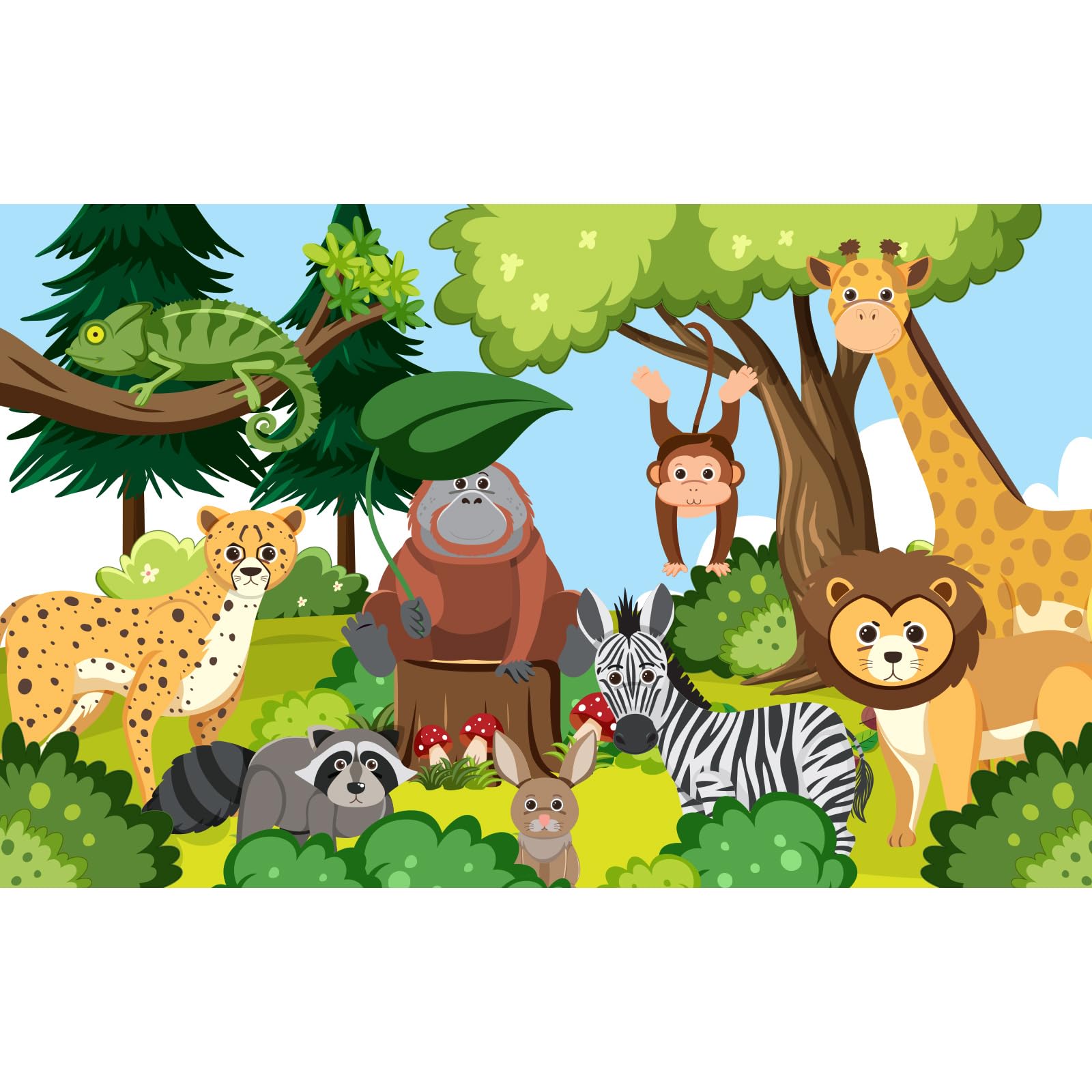 Cartoon Wild Animals Backdrop Jungle Forest Blue Sky Scene Photography Background Rainforest Fern Plants Huge Trees Backdrops Pine Trees Lush Green