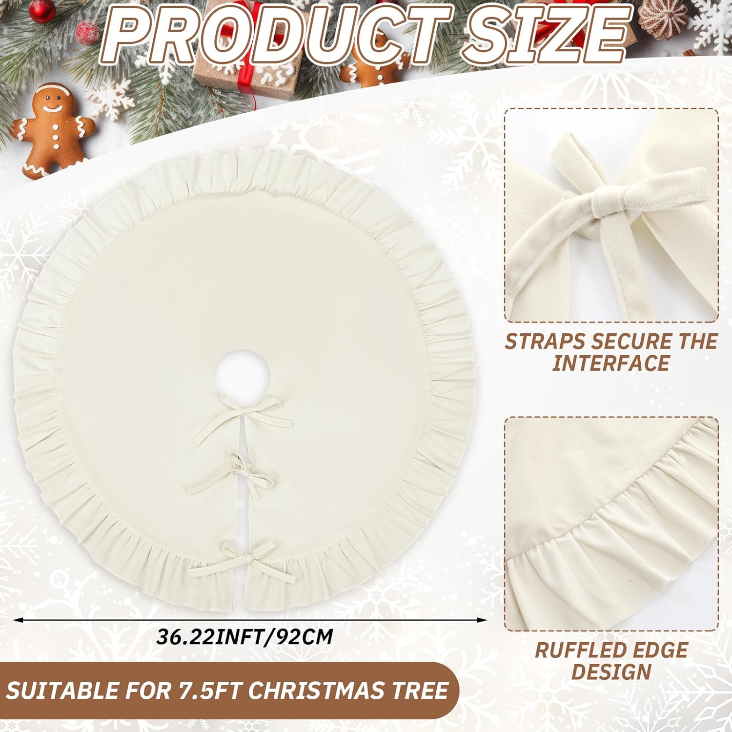 Hiboom Cream Velvet Christmas Tree Skirt Elegant Retro Xmas Decoration Holiday Party Decor Soft Velvet Fold Edge Home Decor Merry Christmas Party Xmas Tree Decorations 36in