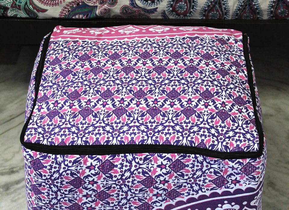 Indian Handmade Mandala | Square Ottoman Pouf Cover | Footstool Seating (Pink Ombre Mandala, 22x22x14)