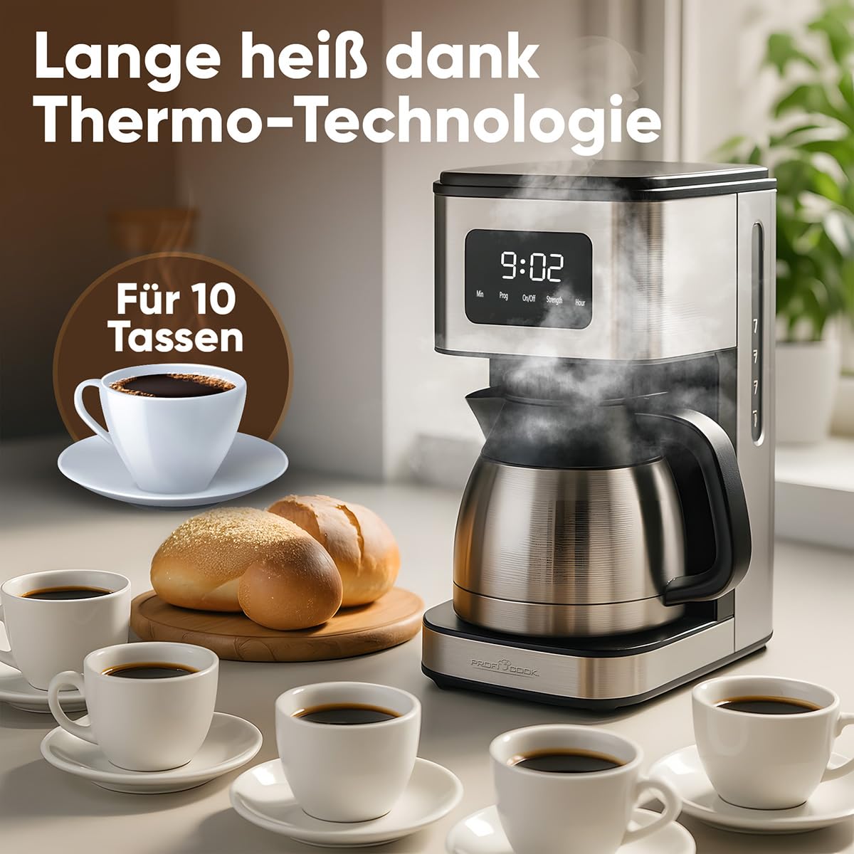 ProfiCook® Kaffeemaschine mit Thermoskanne | für bis zu 10 Tassen Kaffee | Aromawahl | Tropfstopp | mit Uhrzeit-Anzeige | Filterkaffeemaschine Edelstahlgehäuse | 900W | Kaffeemaschine | PC KA 1300