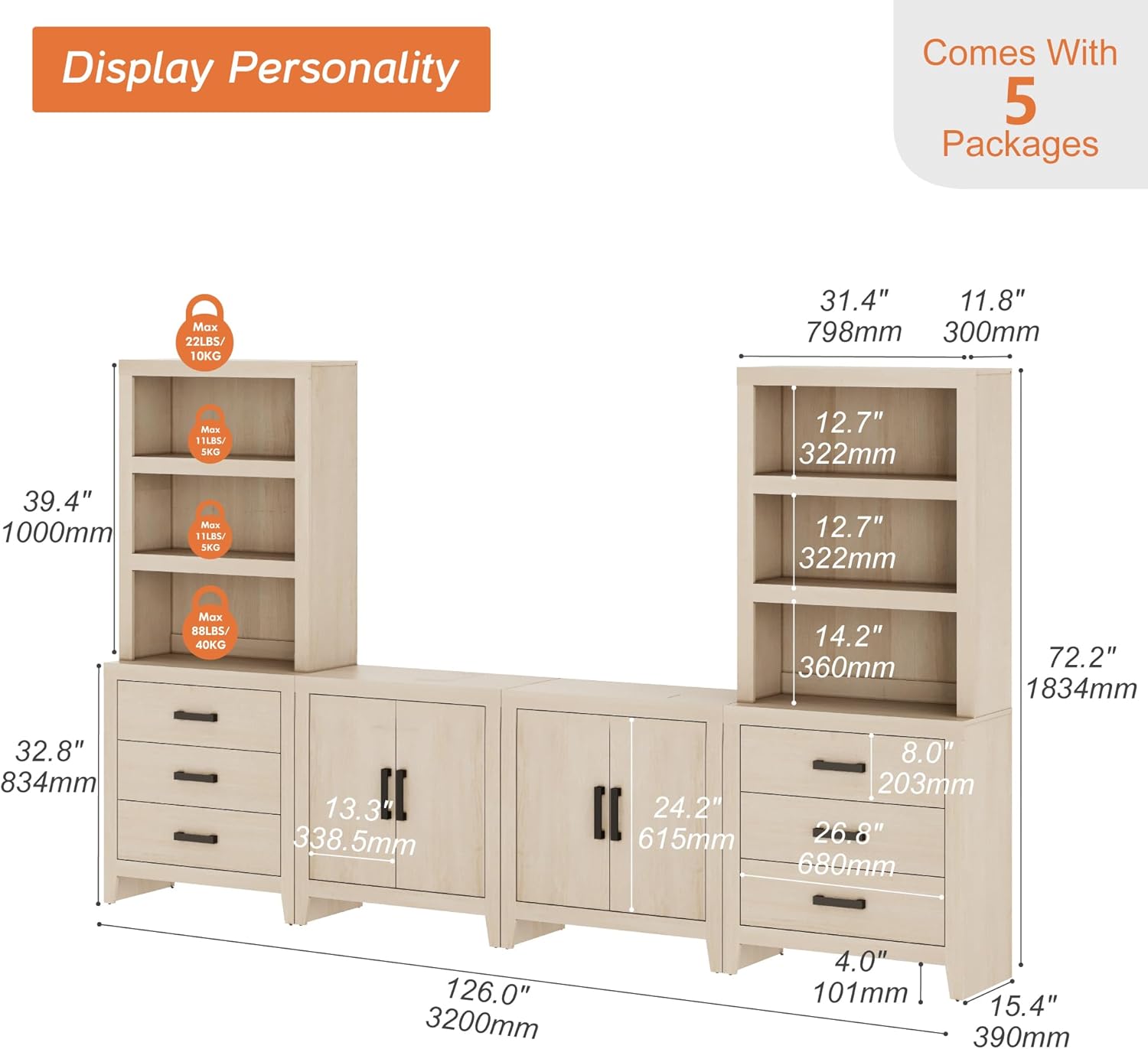WAMPAT Entertainment Center with Bookshelves, Farmhouse TV Stand for 75 inch TV, Wood Media Console with Adjustable Shelves and Storage Drawers for Living Room, Bedroom, Beige