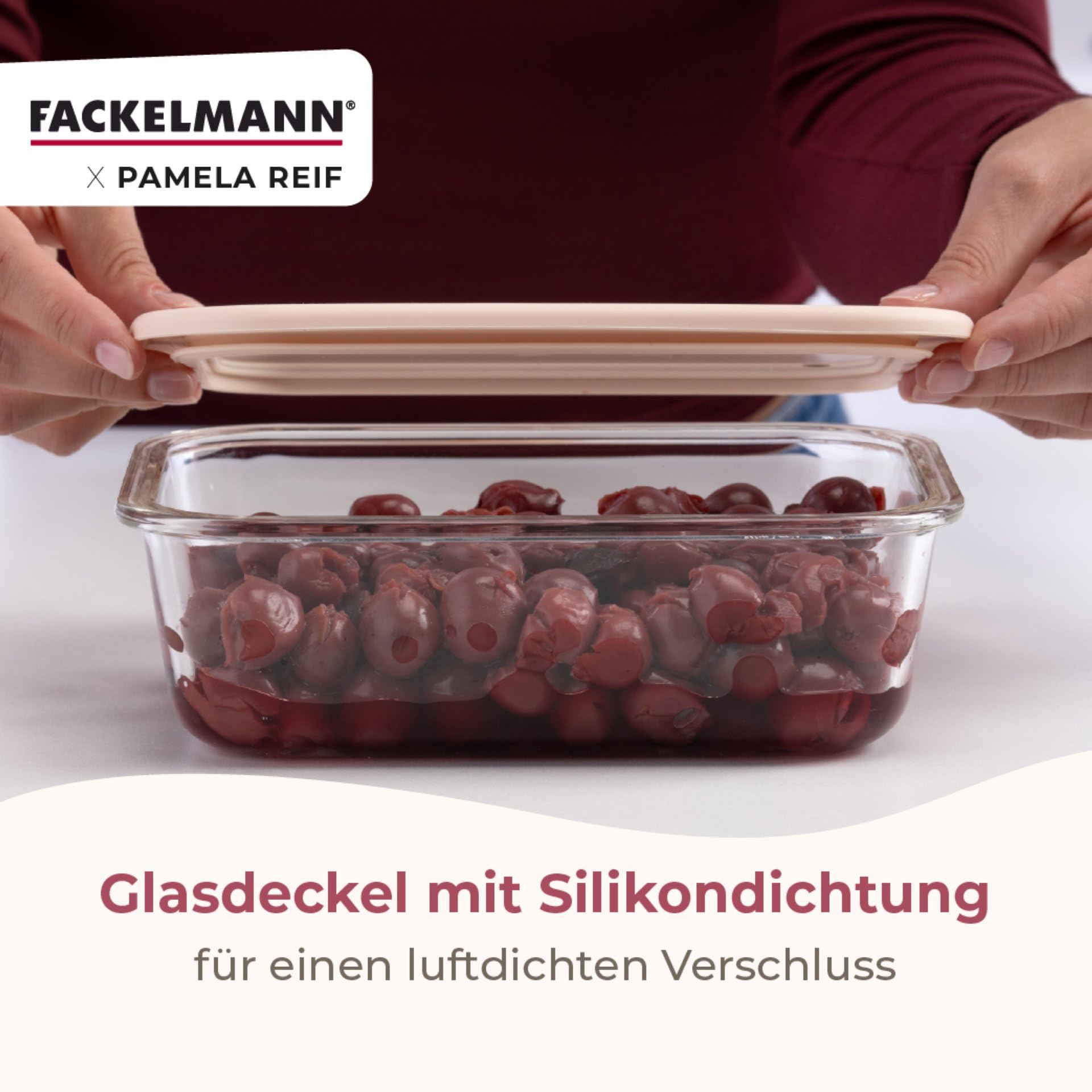 FACKELMANN x Pamela Reif Vorratsdosen aus Glas – 6 Stück, 1050 ml, mikrowellen- und backofengeeignet, mit Lüftungsventil, pastellbeige