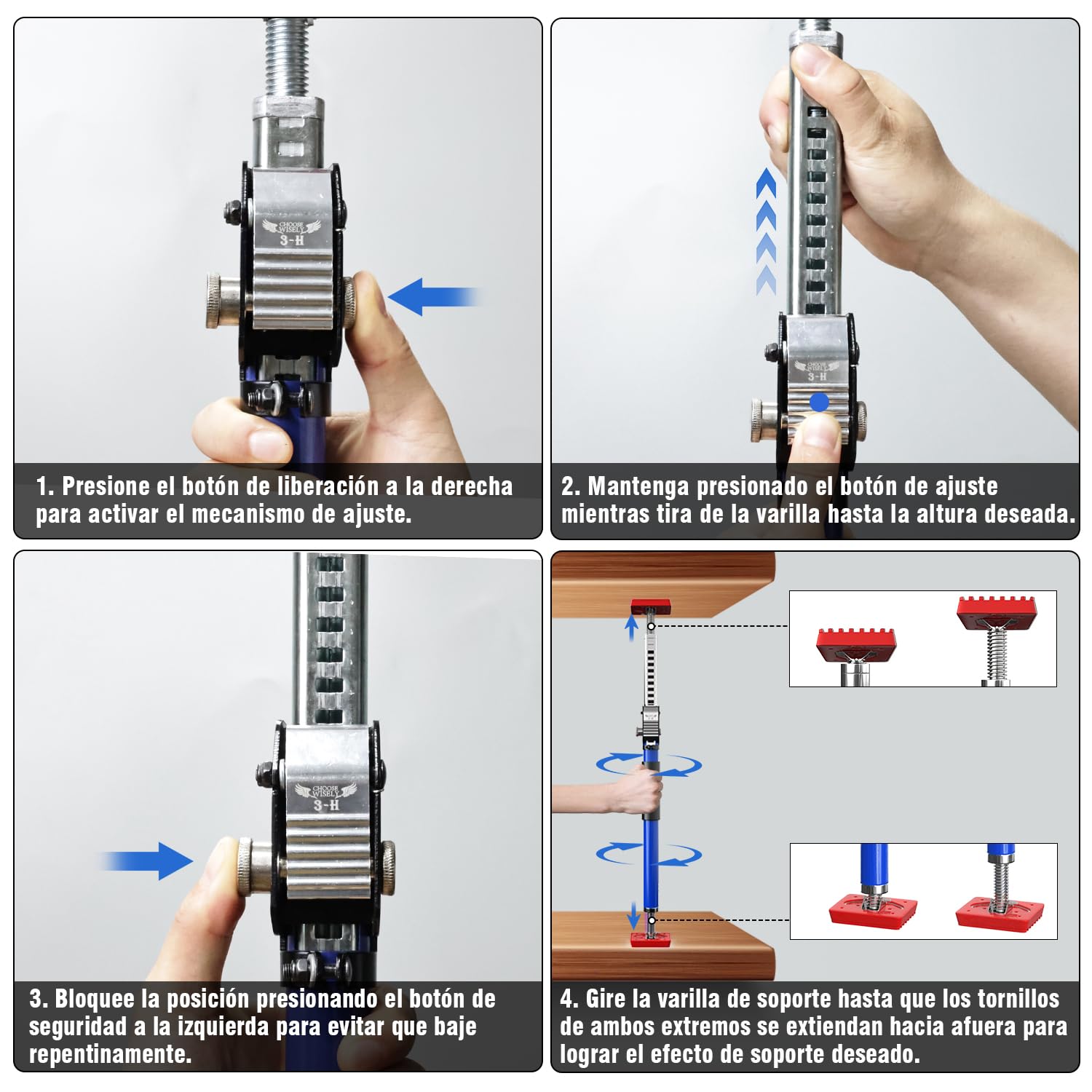 3-H Puntales Extensibles Reforzados 4 Piezas,75-133cm Puntal Telescopico Extensible Acero Robusto Carga 50KG Puntales de Obra Ajustable Puntal Expansion Telescopico para Techo Construcción Obras(Azul)