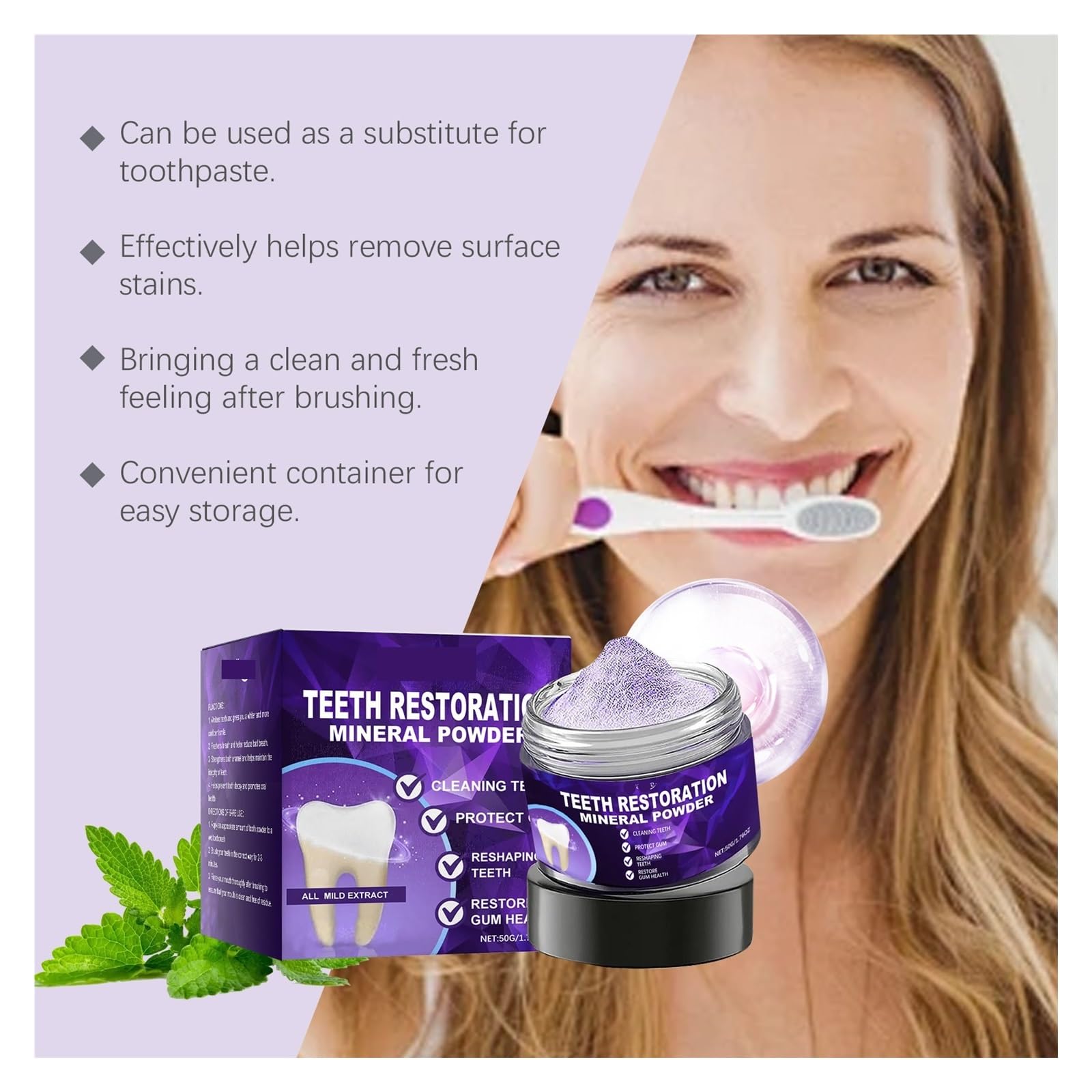 Polvo dental de 50 g: polvo fino con baja abrasión, limpia entre los dientes sin sensación arenosa(2pcs)