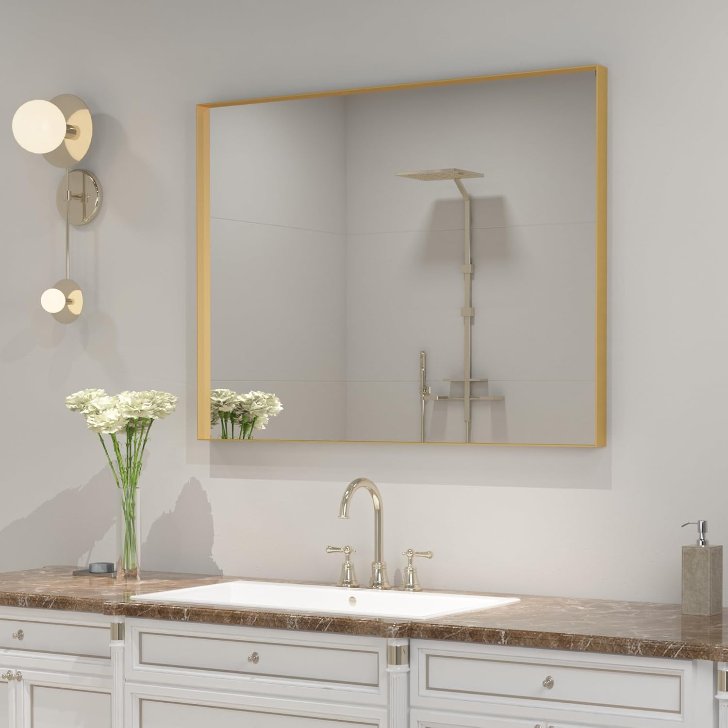 VocalStar Gold Bathroom Mirror, 30 x 40 Inch Square Corner Rectangle Brass Metal Framed Bathroom Vanity Mirrors for Wall, 1/4-inch Shatterproof Glass | Ultra-Flush Hanging Gold 40"L x 30"W