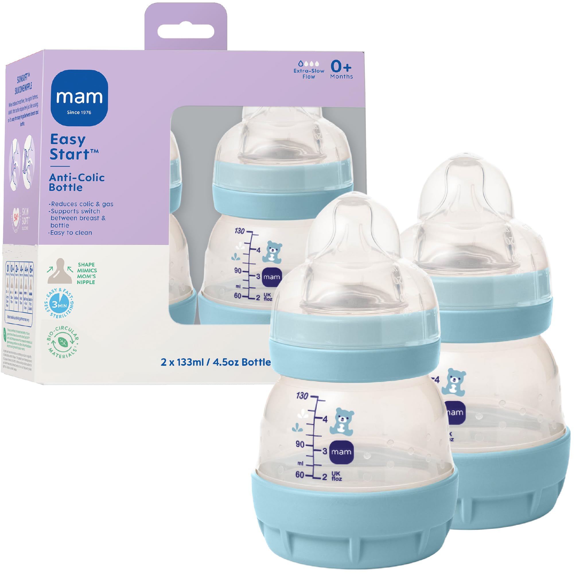 Easy Start Anti-Colic Baby Bottles, Extra Slow Flow, Breastfeeding-Like Silicone Nipple Bottle, Reduces Colic, Gas, & Reflux, Easy-to-Clean, BPA-Free, Vented Baby Bottles for Newborns, 0-3 Months
