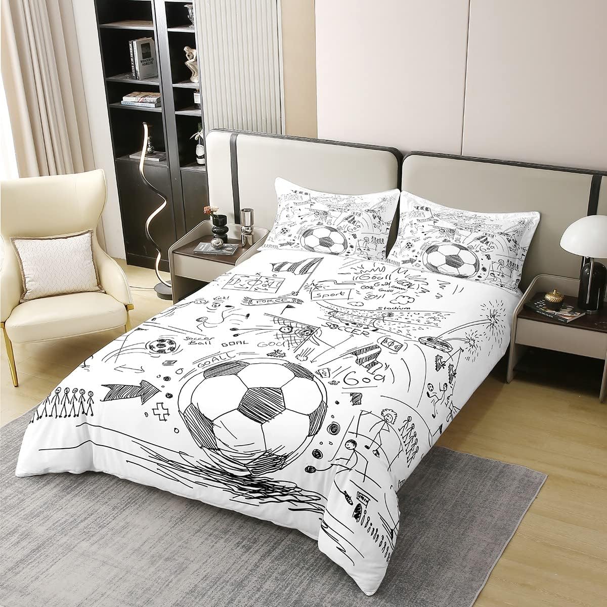 Homewish Bettbezug, 200 x 200 cm, aus Bio-Baumwolle, Bettwäsche, Fußballflagge, handgezeichnet, Bettwäsche für Teamsport aus Netzwerk, dekoratives Bettwäsche-Set, Weiß / Schwarz