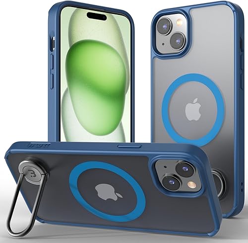 MYBAT PRO Lunar Series - Funda para iPhone 15 Plus, compatible con MagSafe y soporte giratorio de metal, parte trasera dura mate translúcida,