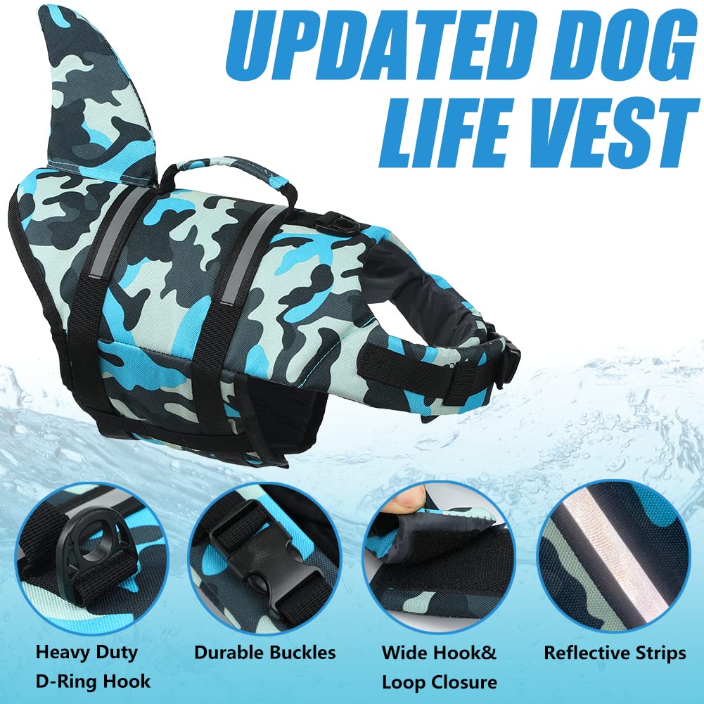 EMUST Giubbotto di salvataggio per cani di taglia piccola, media e grande, con maniglia di salvataggio, regolabile, per piscina, spiaggia, barca (XL, mimetico blu)