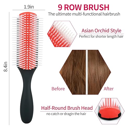 Miniatura 4 de Juego de cepillos de pelo para cabello afro americanoafricano, texturizado 3a a 4c - Cepillo desenredante, cepillo de 9 filas, peine de dientes