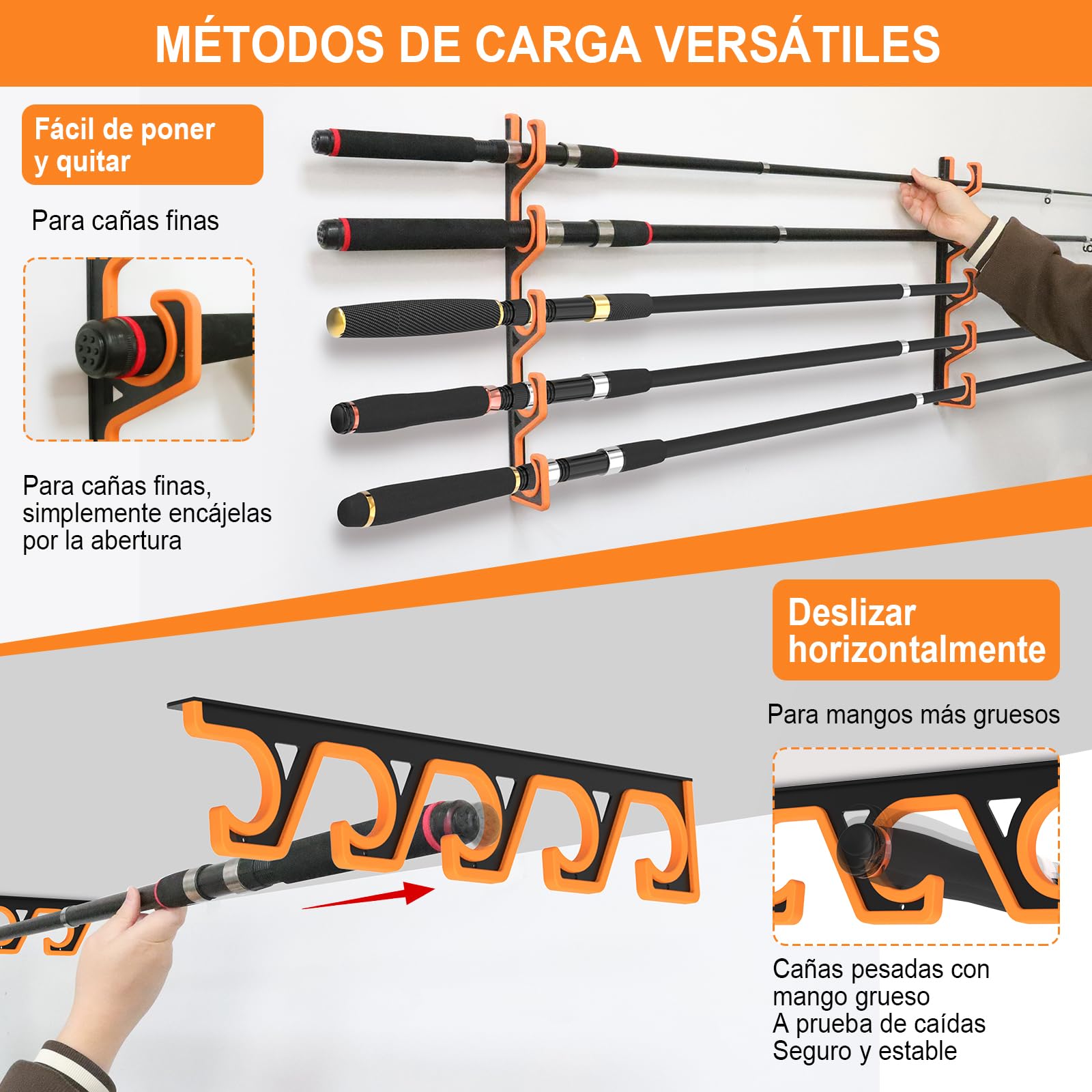 Soporte Cañas Pescar Pared Techo, Organizador Horizontal 5 Cañas, Porta Cañas Pescar Garage Goma PU, Estante Antiarañazos Negro Amarillo
