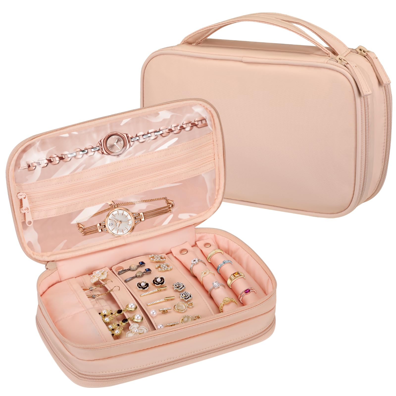 SKYREH Jewelry Travel Organizer Case, Double Layer Portable Jewelry Storage Bag Zipper Jewelry Organizer Pouch for Women Girls, Rings, Necklaces,