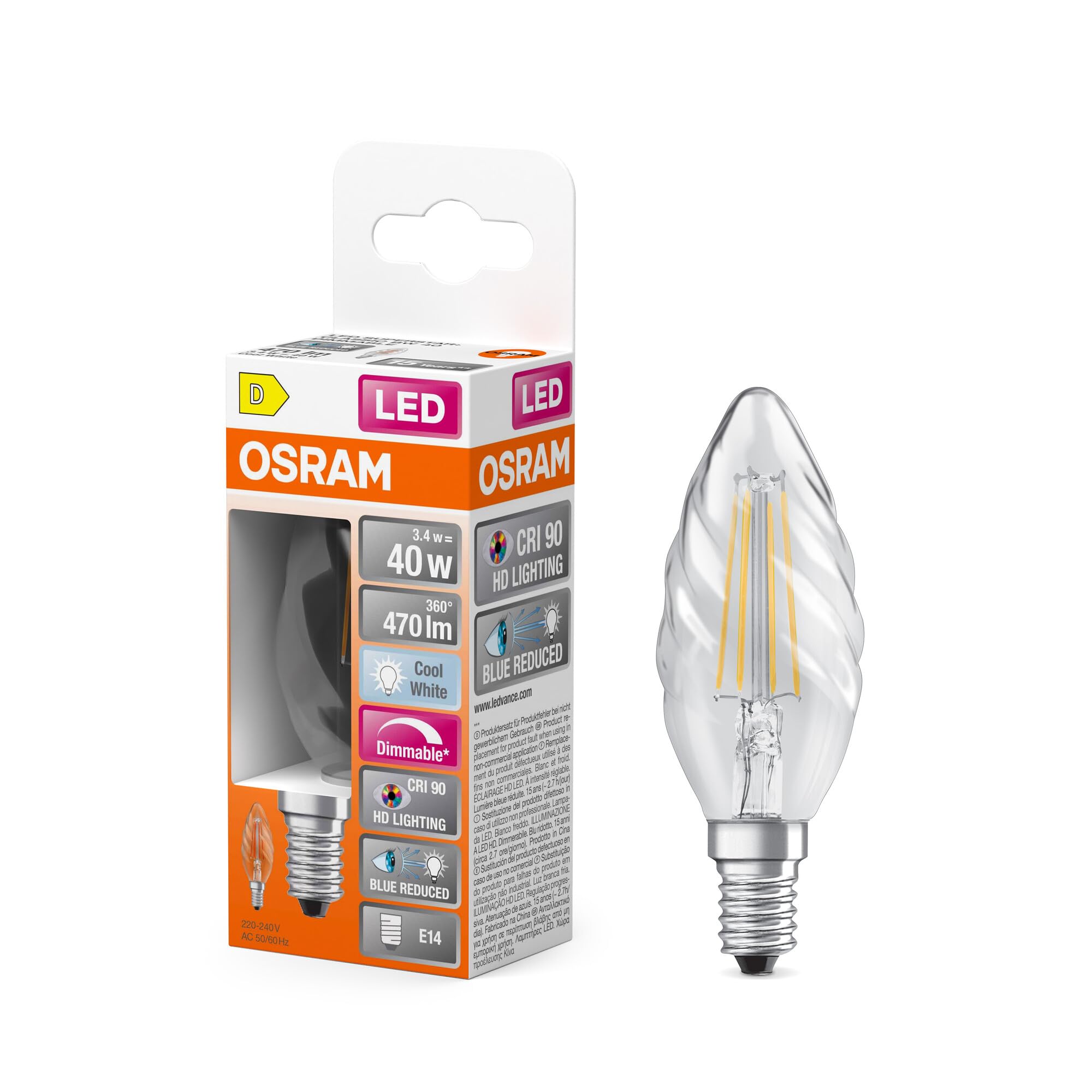 OSRAM Lamps Lampada LED, Candela Ritorta, E14, 3.4 Watt, Trasparente, Bianco Freddo, 4000 Kelvin