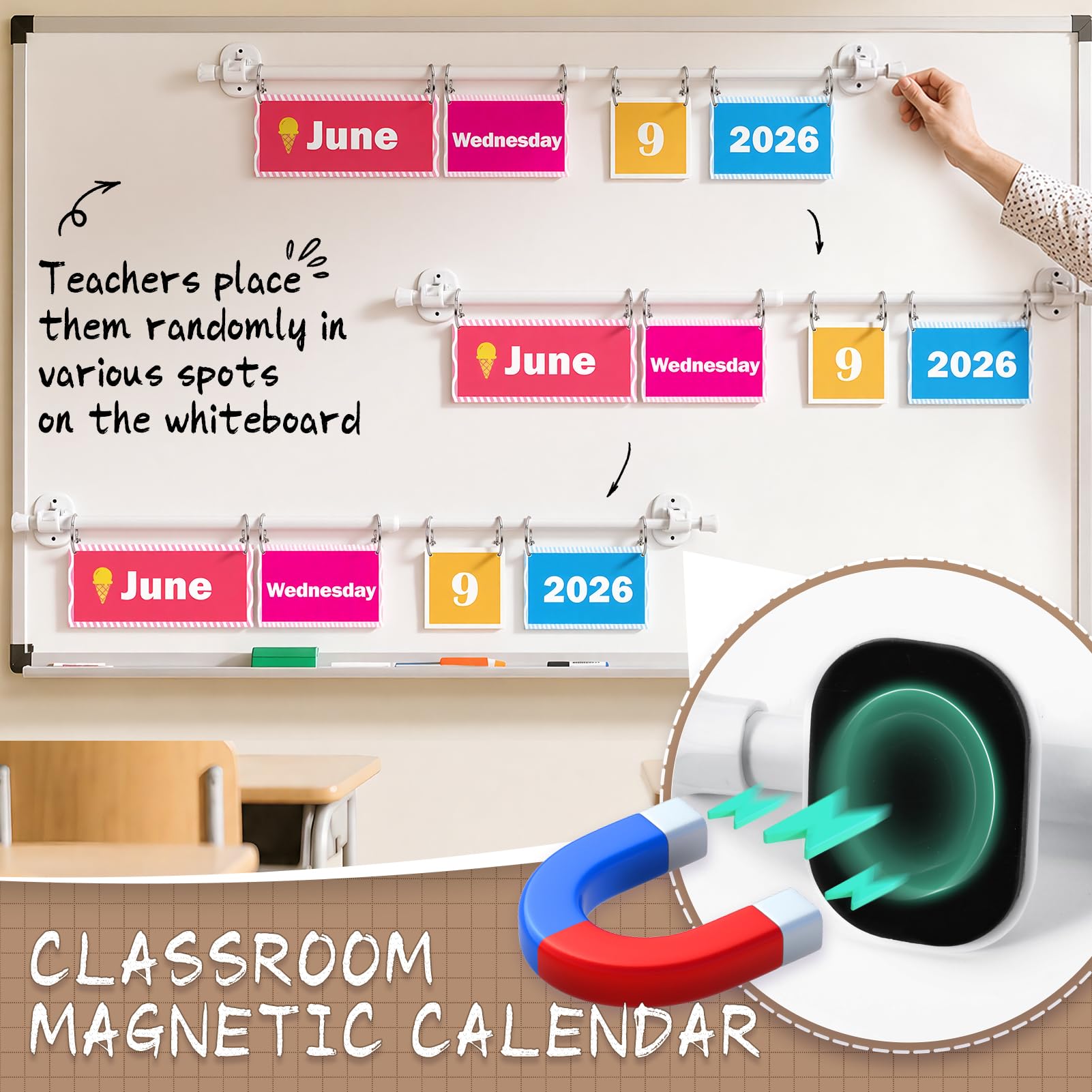 Magnetischer Stab Flip-Kalender für Klassenzimmer, bunte Kalender, Datumskarten mit verstellbarem Stab, Klassenzimmer Flip-Kalender, Pinnwand-Set für Whiteboard und Schulanfang