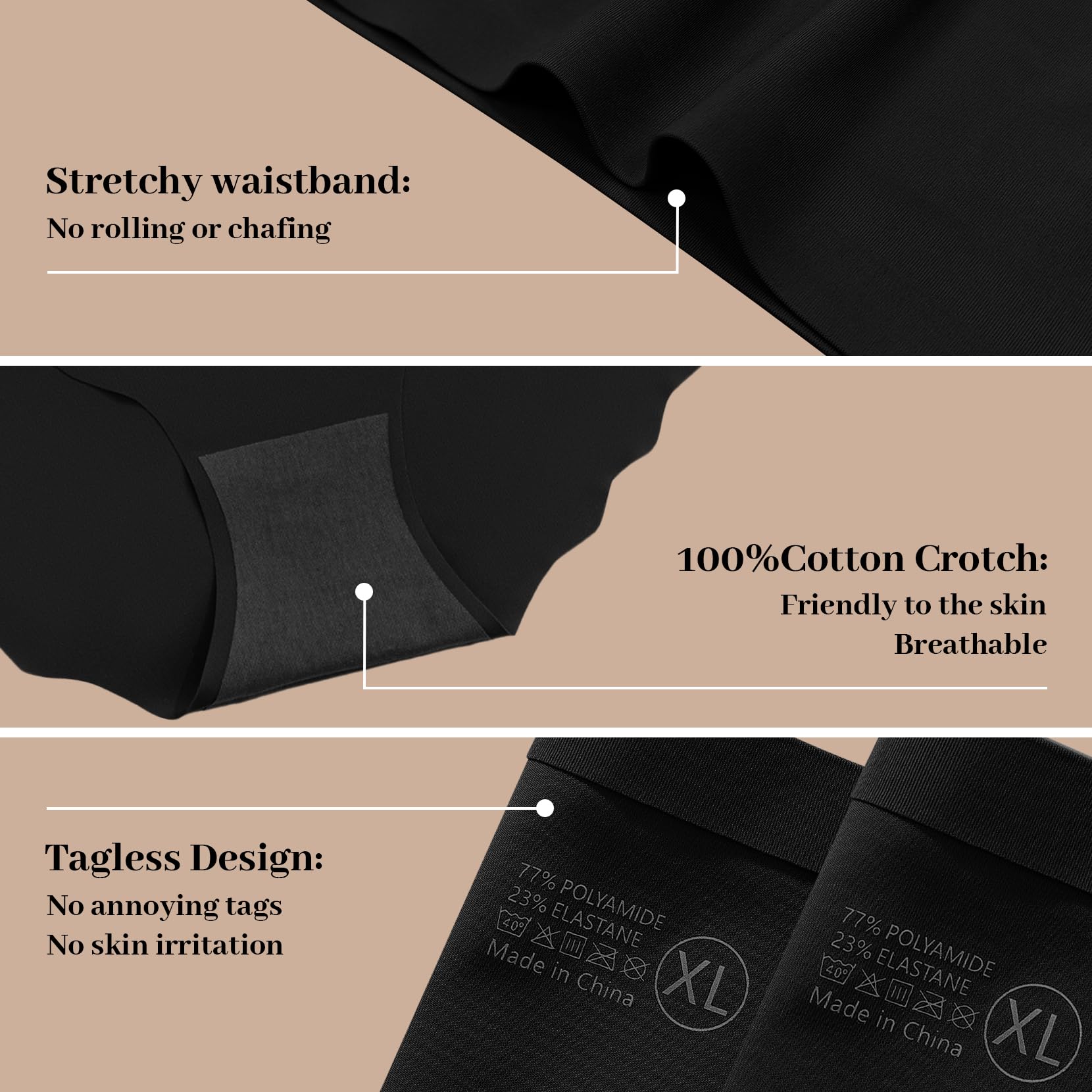 Lot de 6 culottes sans couture pour femme - Respirantes - Taille haute - Confortables - Anti-humidité - Bords ondulés - Couverture complète