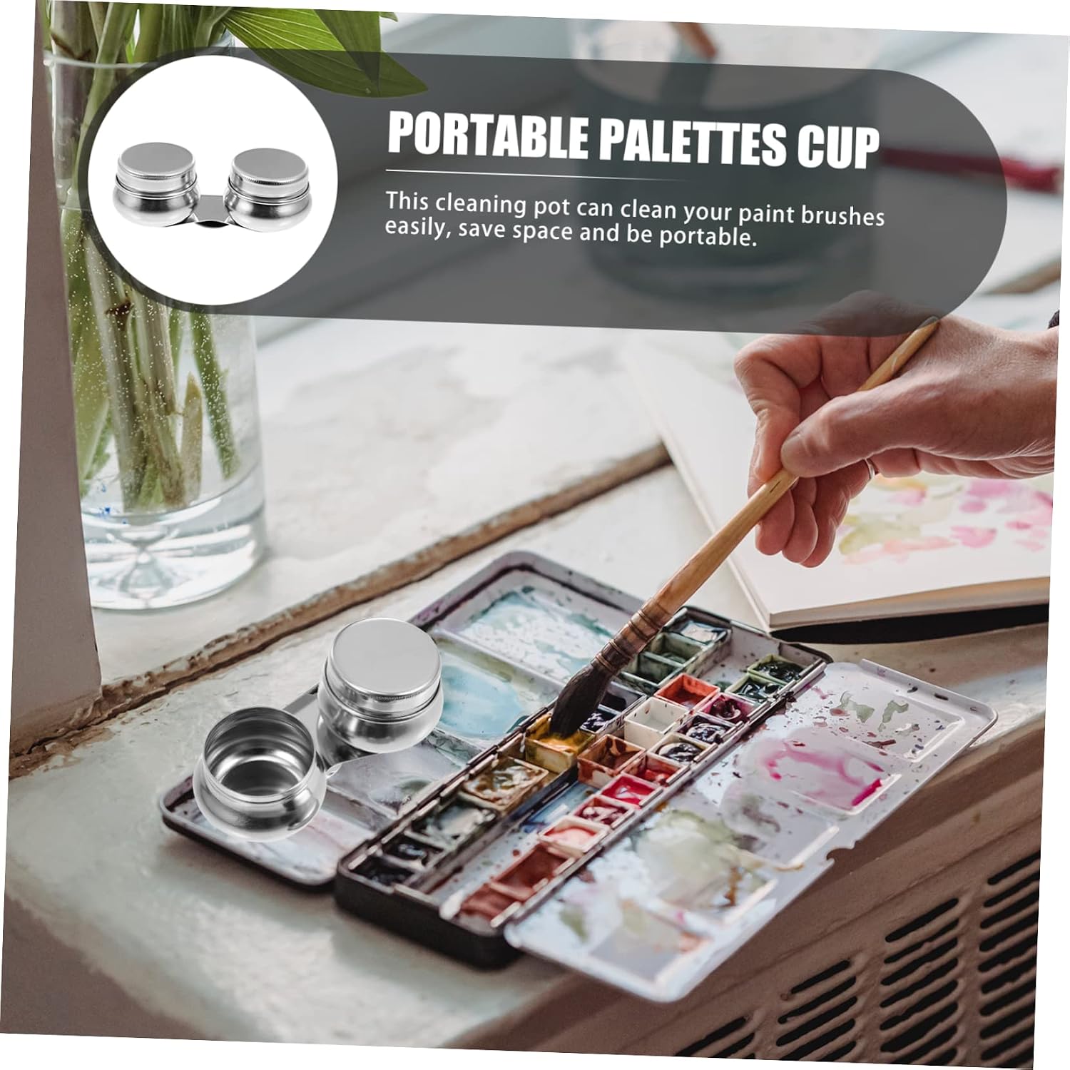 Uonlytech Stainless Steel Oil Bottle Double Holes and Lid Portable Palette Cup for Artists Oil Painting and Brush Cleaning for Watercolor and Acrylics