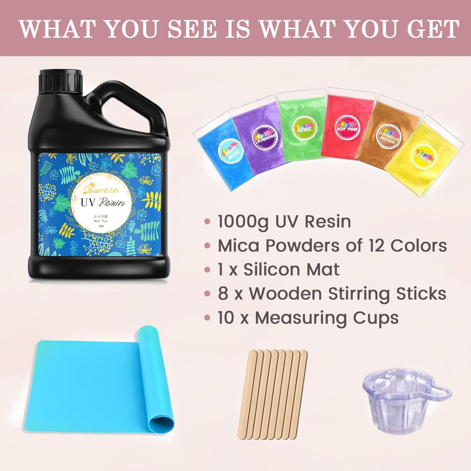 Bsrezn 1000g Résine UV en Vrac, Resine Epoxy UV avec 6 Couleurs de Poudre de Mica, Resine UV pour Bijoux Faible Viscosité & Durcissement Rapide, de Moulage et de Revêtement, de Bricolage