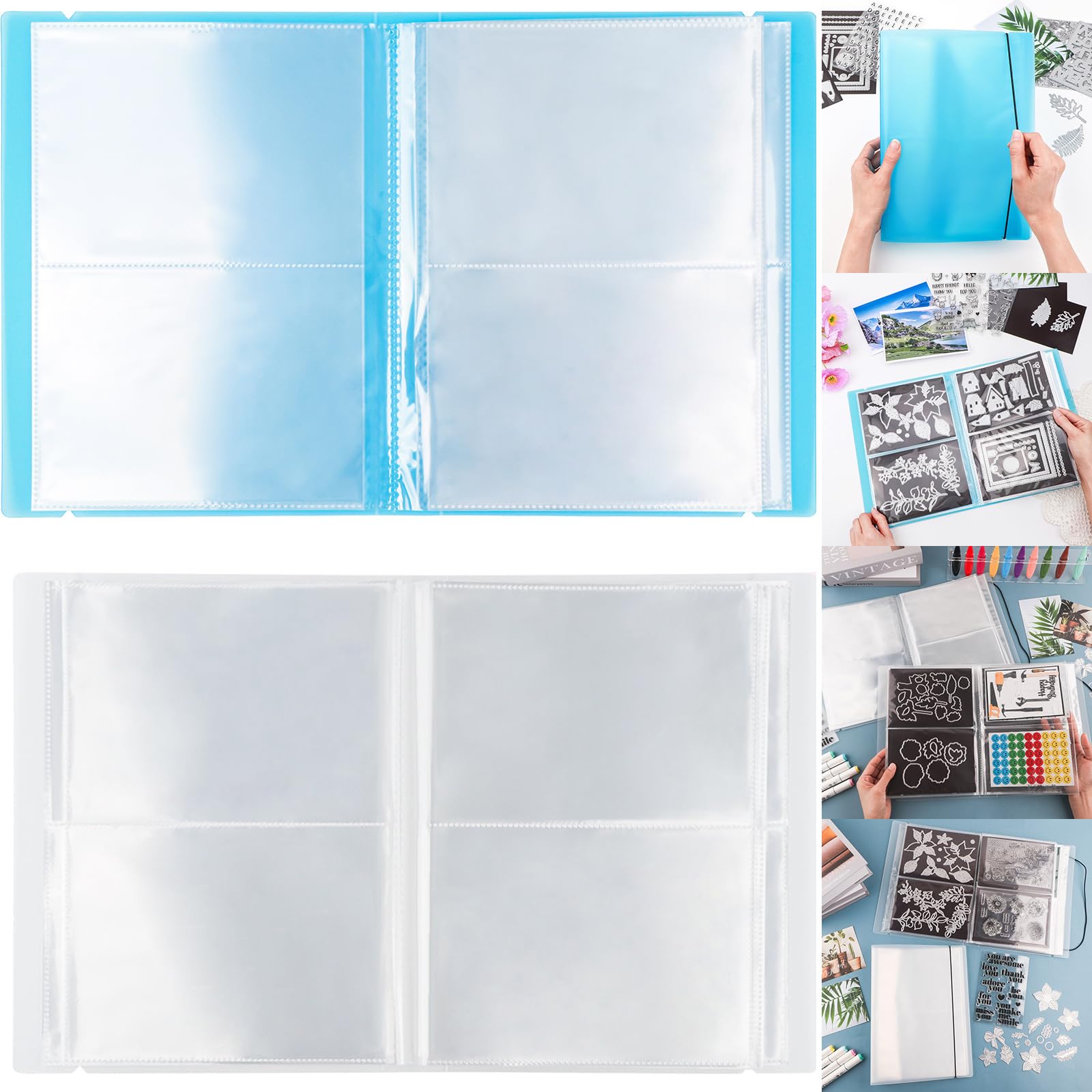 2 Pack Large Sticker Photo Storage Album, Stamp &amp; Cutting Dies Storage Book Organizer Folder for Cards Storage DIY Scrapbooking Card Making Supplies 20 Pages 80 Pockets/Pack (Clear + Blue)