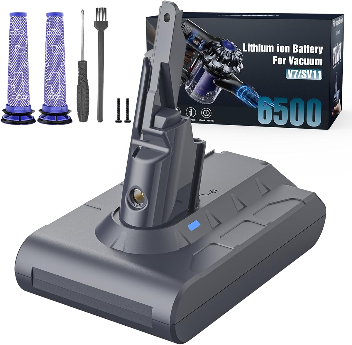 Replacement Battery for Dyson V7, Morpilot 6500mAh Li-ion Battery for Dyson V7 SV11 Animal Fluffy Trigger Motorhead and Total Series Vacuum Cleaner with 2 Pre-Filters