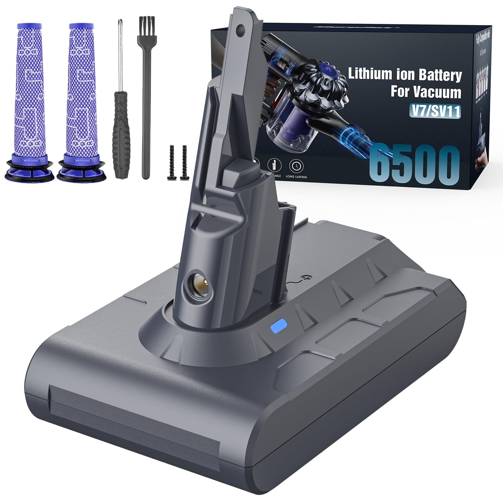 Replacement Battery for Dyson V7, Morpilot 6500mAh Li-ion Battery for Dyson V7 SV11 Animal Fluffy Trigger Motorhead and Total Series Vacuum Cleaner with 2 Pre-Filters
