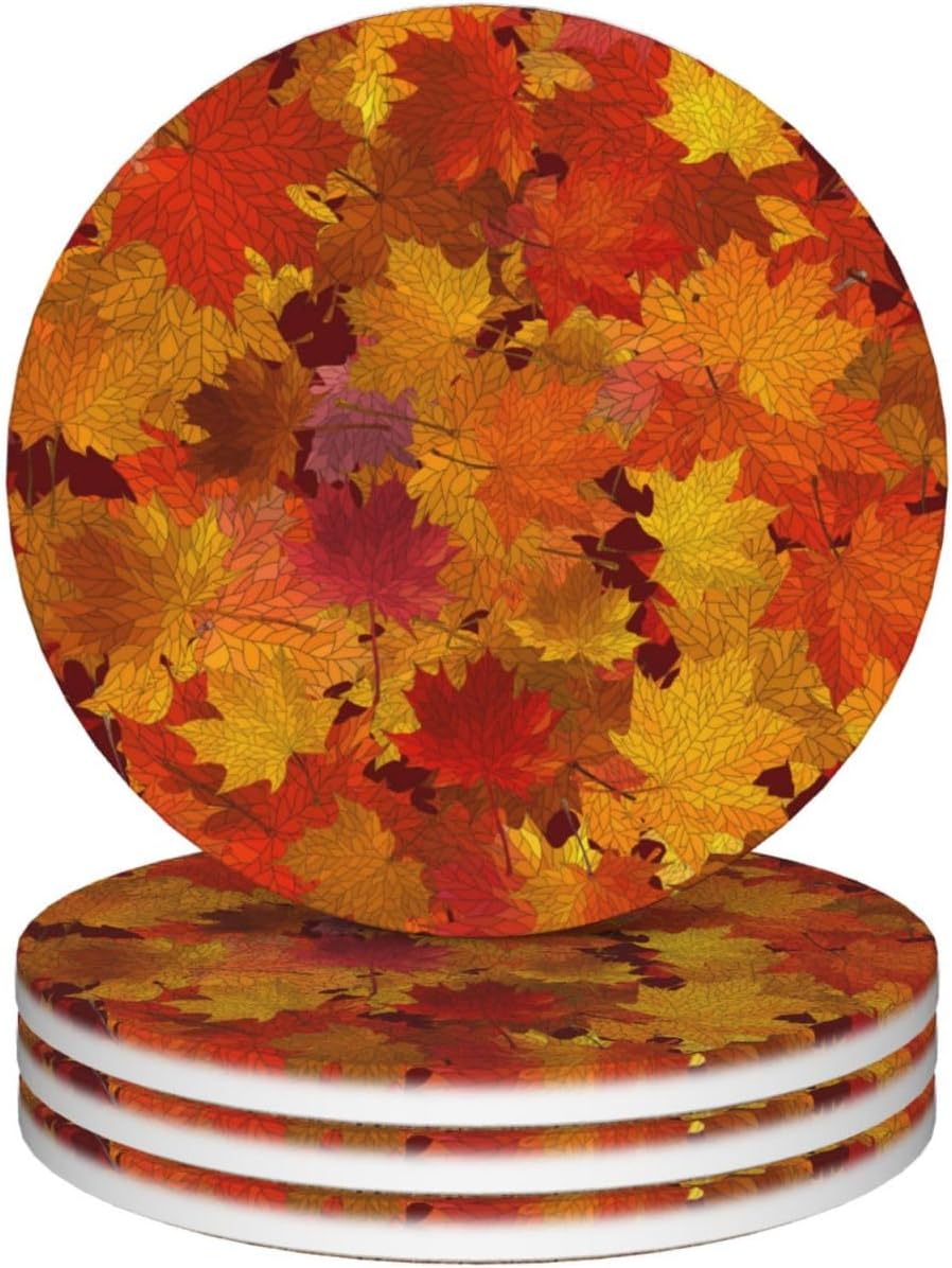Juego de 4 posavasos de cerámica absorbentes con hojas de arce para otoño y otoño, para mesa de café, bar, cerveza, escritorio, mesa, hogar, otoño,